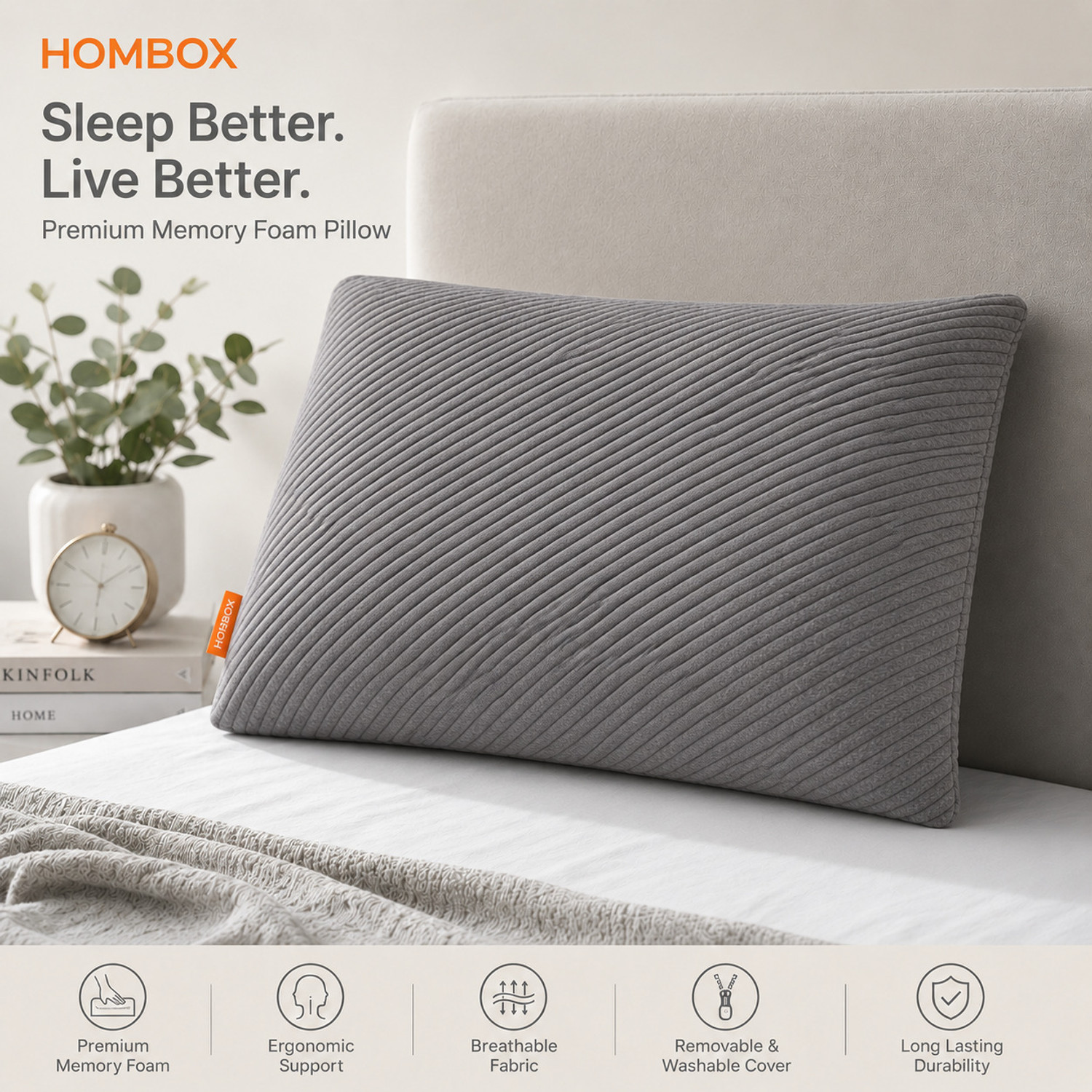 Image of HOMBOX Memory Foam Orthopaedic Pillow Pack of 1 Stripes King Size Memory Foam Pillow