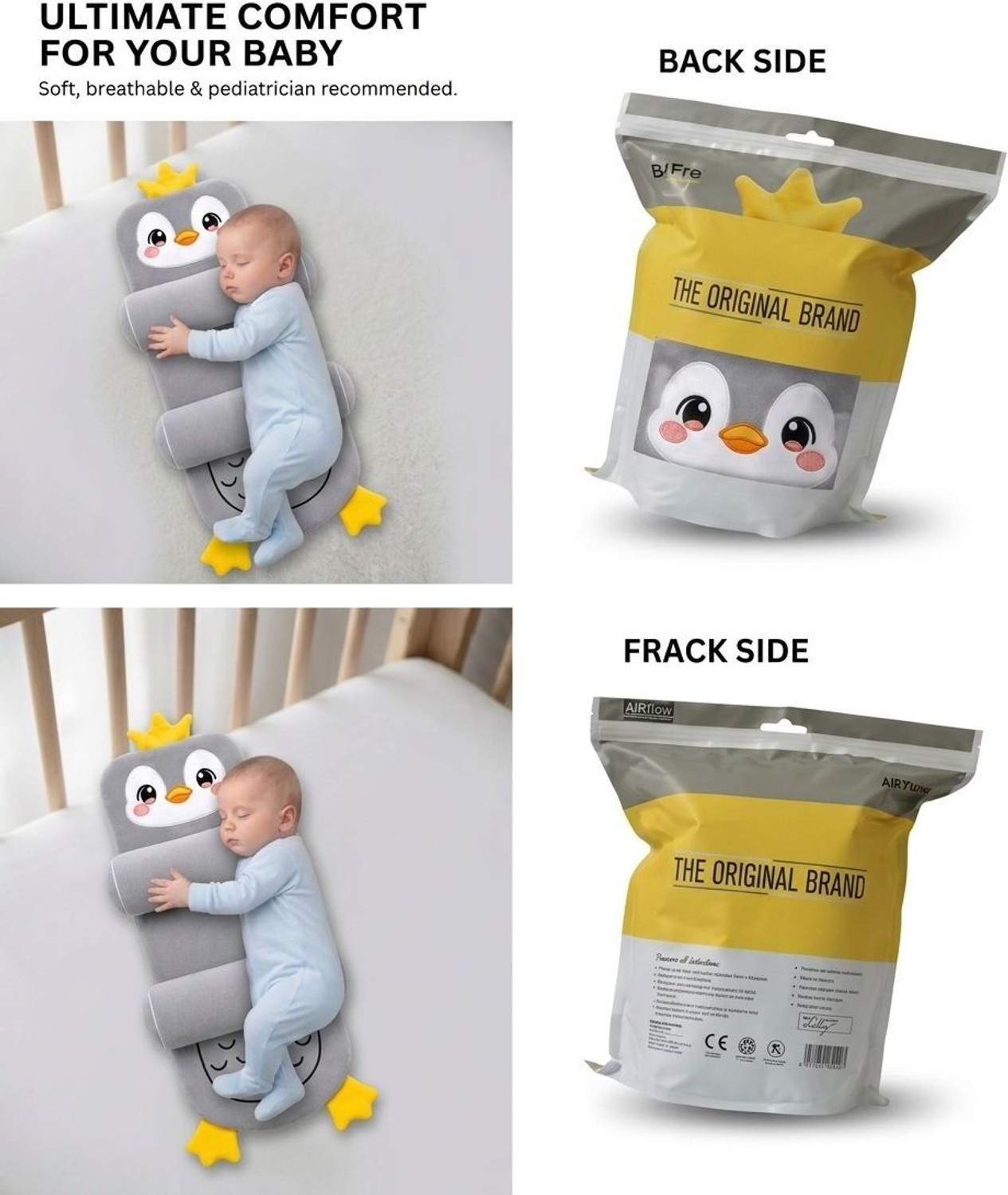 Image of snugnibble Microfibre Baby Pillow Pack of 1 Animals Grey Penguin Baby Pillow Head Shaping Pillow Soft Fabric Adjustable