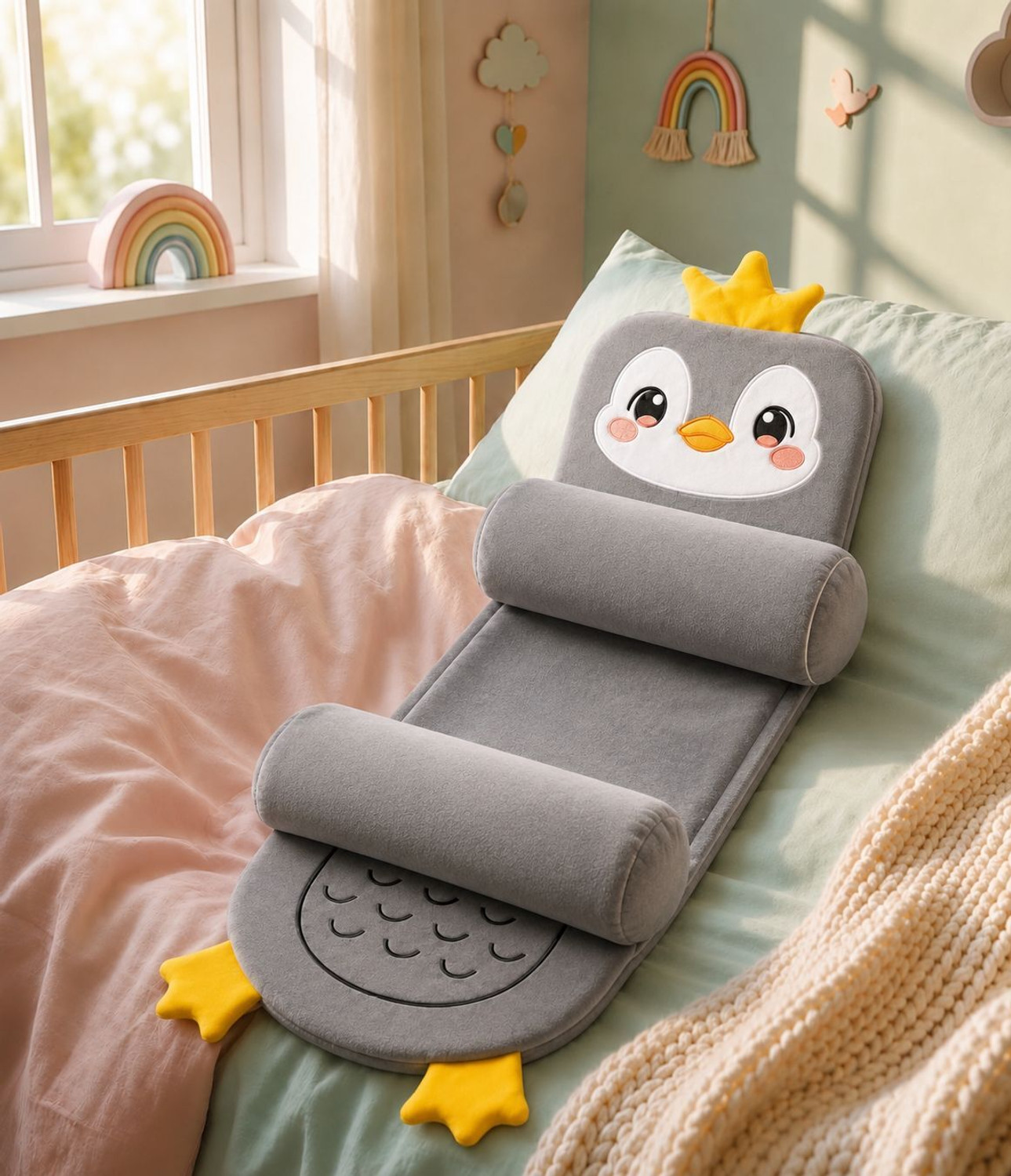 Image of snugnibble Microfibre Baby Pillow Pack of 1 Animals Grey PENGUIN Baby Head Shaping Pillow Adjustable soft(6 to 36)months