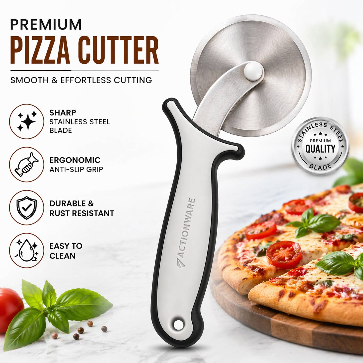 ACTIONWARE Stainless Steel Pizza Cutter | Sharp Wheel | Perfect for Pizzas, Pastries, Wheel Pizza Cutter