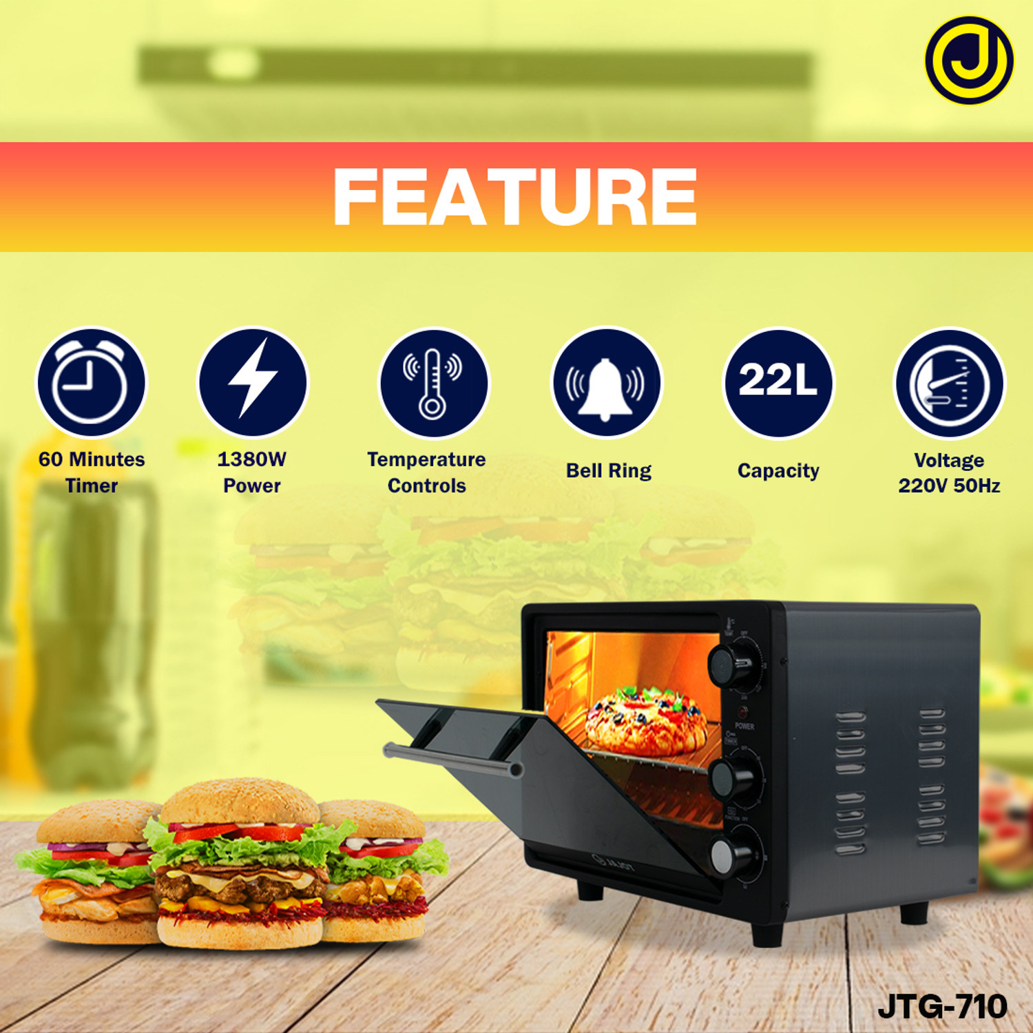 Image of jajot 22-Litre Oven Toaster Grill OTG Oven Toaster Griller, Cake Bak, 1380 Wattsing, Grilling, Toasting,, yellow, Blue