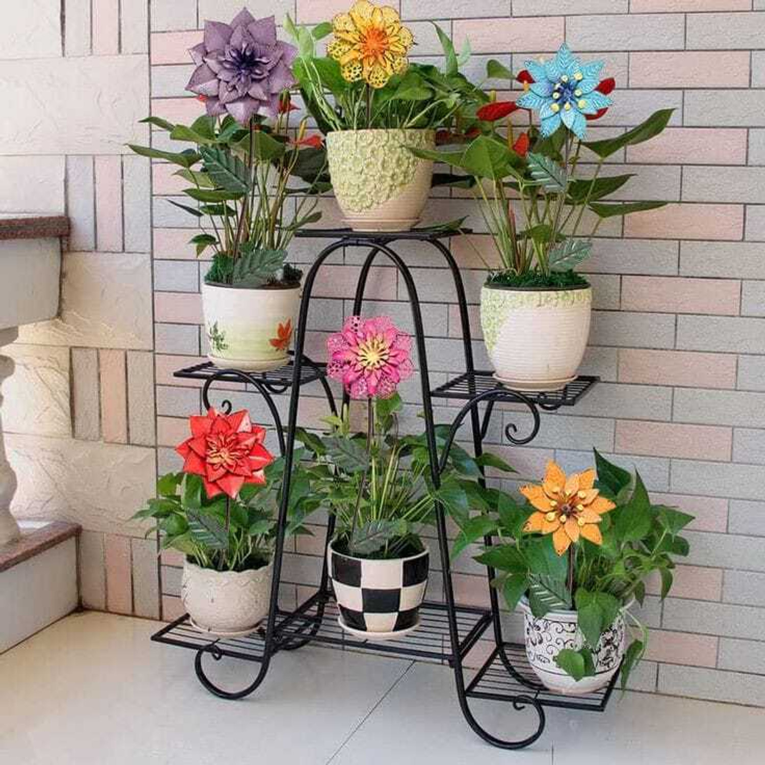 Image of Aliferous Plant Pot Stands for Indoors and Outdoors, 6 Tier A Shape Black Plant Container Set