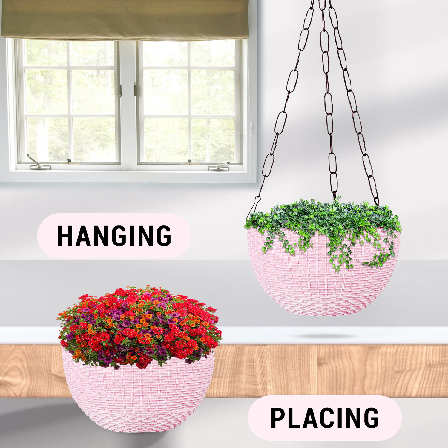 Image of KUBER INDUSTRIES Marble Euro Hanging Flower Pot for Home & Garden|7 Inch|Pack of 3|Pink Plant Container Set