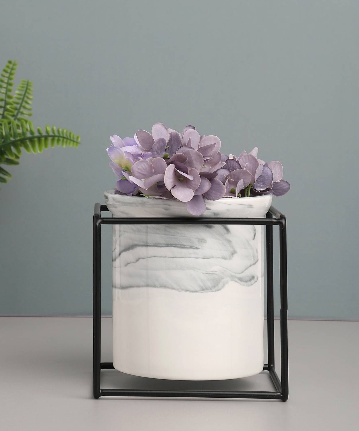 Bonhomie Bonhomie White Marble Planter With Black Stand For Home Décor Plant Container Set