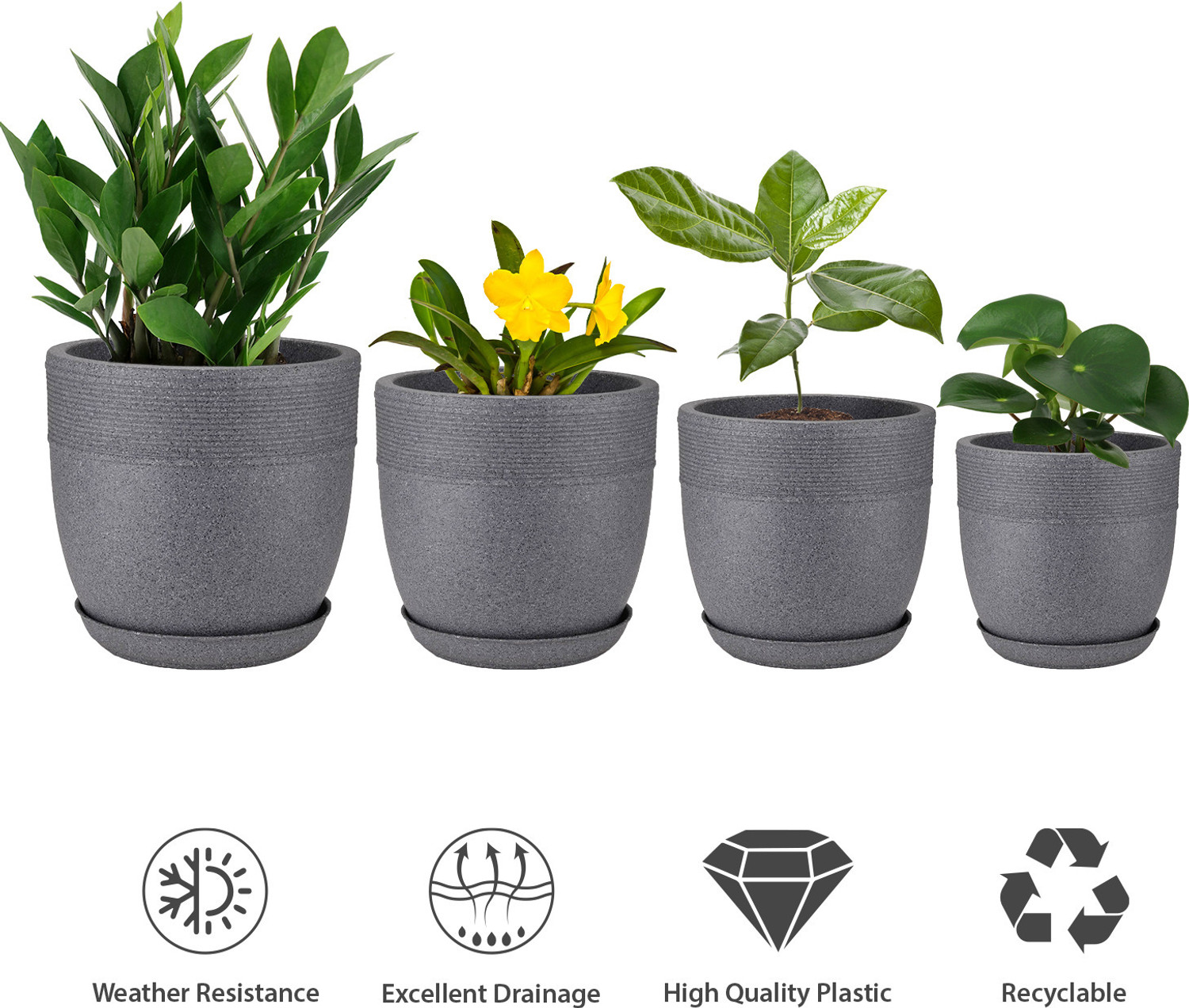 Image of Garden's Need Set of 4 Grey Granite Flower Pots with Drainage Hole, Tray, 10 inch, 12 inch, 15 inch, 17 inch Plant Container Set