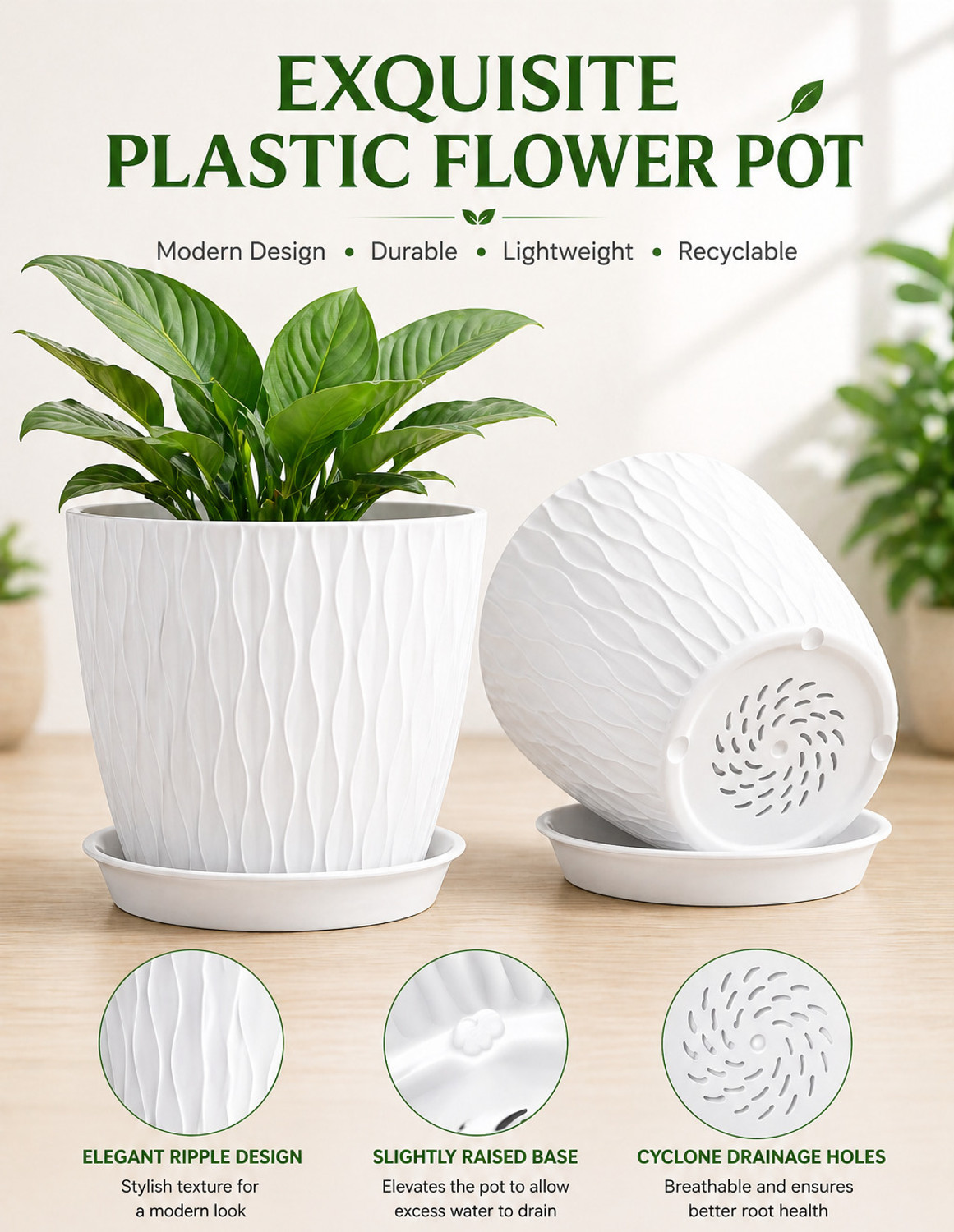 Image of NIVZO Unique Wave Design White 7 Inch Plastic Flower Pot with Tray & Drainage (White) Plant Container Set