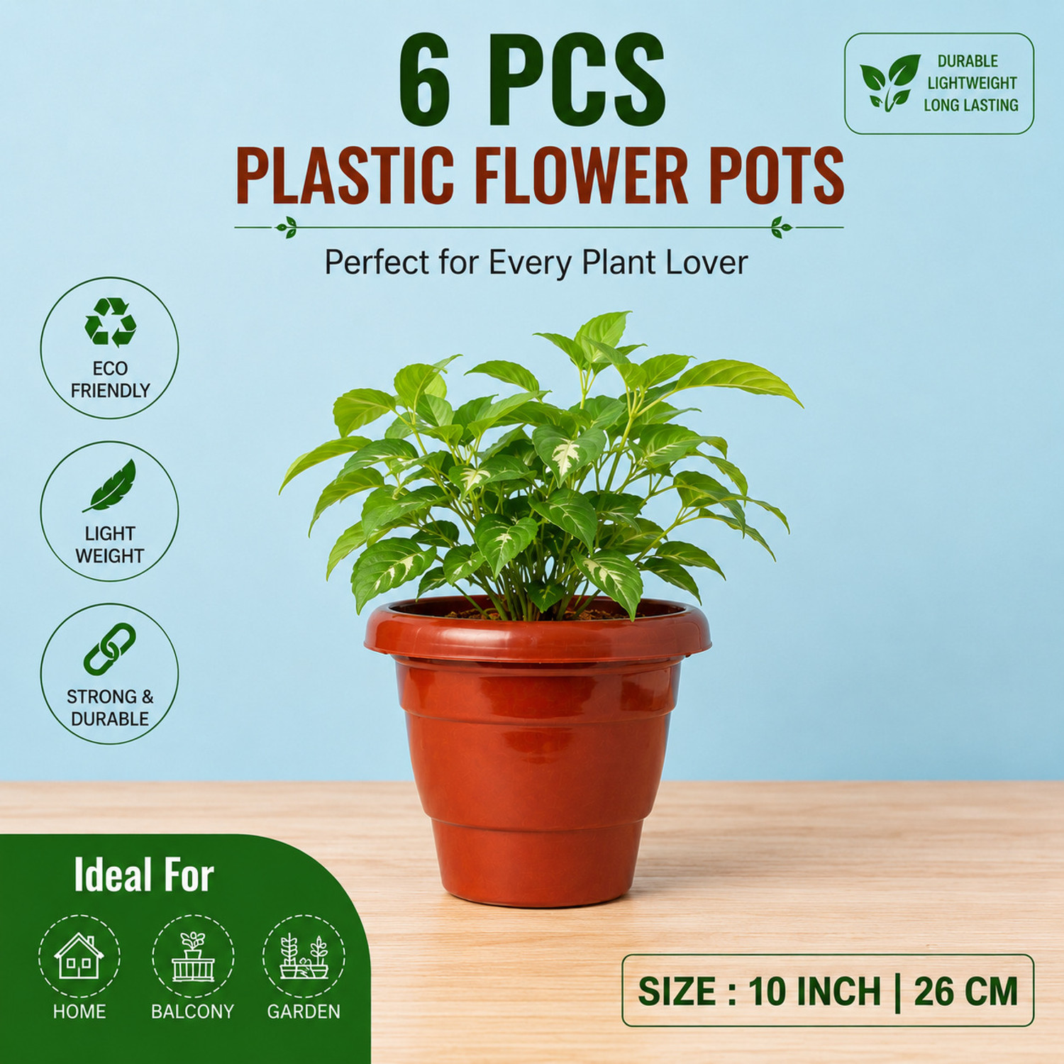 Image of Polyvibe Premium 10 Inch Plastic Flower Pot Set of 6 for Home & Garden Plants Plant Container Set