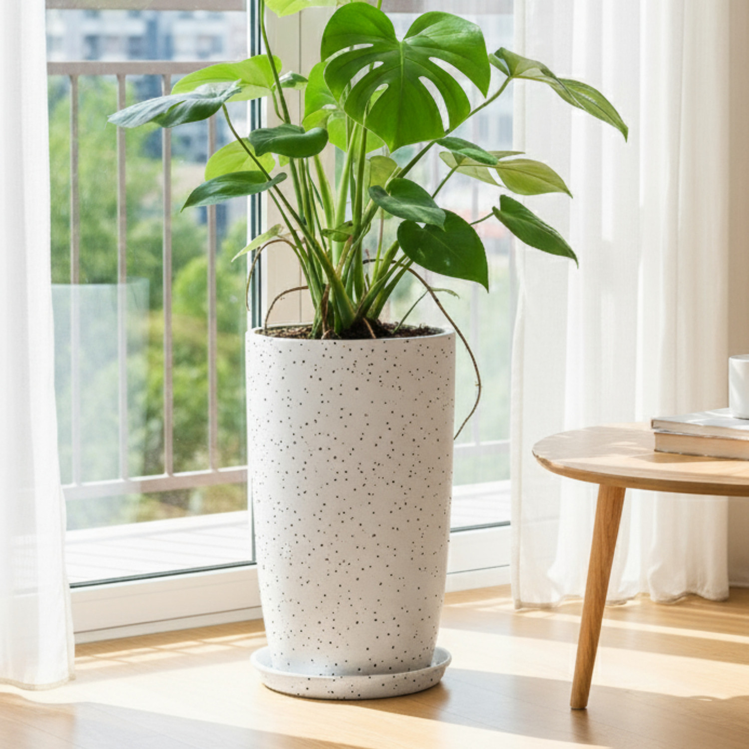 Image of Kraft Seeds 18 Inch White Qutub Planter for Living Room - 1 Pc with Bottom Plate Plant Container Set