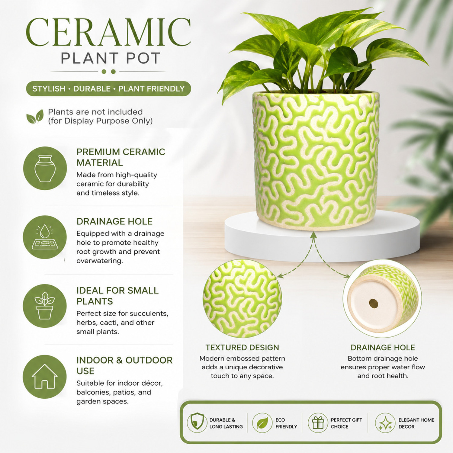 Image of Gupta Homes Green RD-1 Pipe Ceramic Pot Size 4x4inch GH0022-08 Plant Container Set