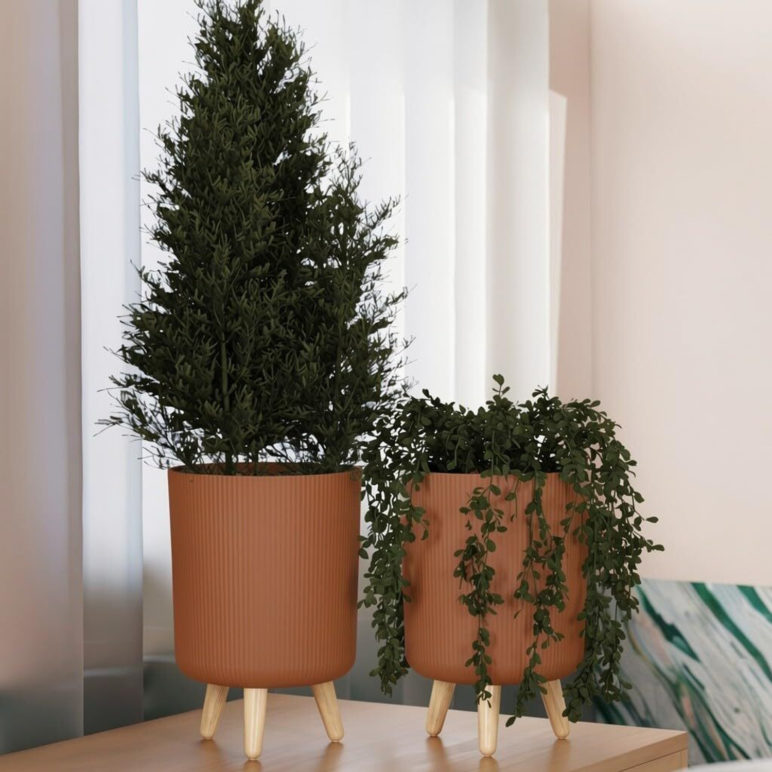 Image of FORWAY Flower Pot Indoor Outdoor Planter for Home Garden Balcony | Wood Plant Container Set (Pack of 2, Plastic)