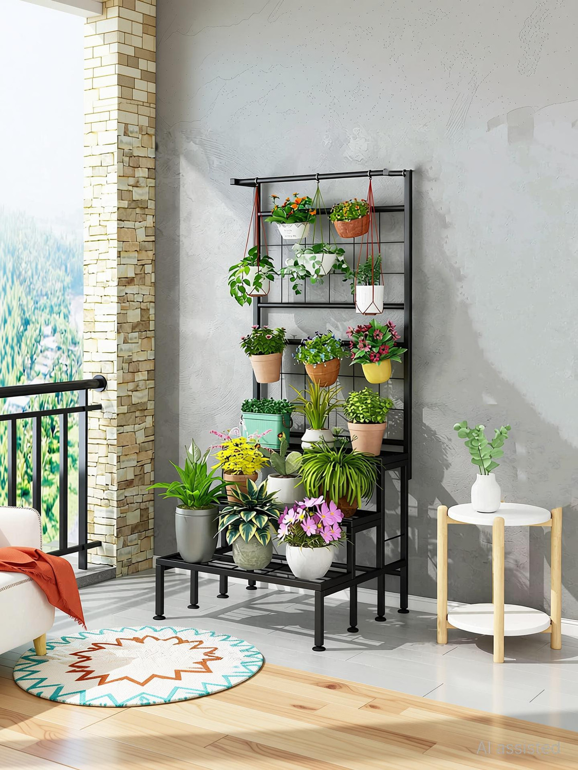 Image of Decor Kings Metal Plant Stand for Outdoor Balcony Plant Stand Grid Panel,3-Tier Vertical Plant Container Set