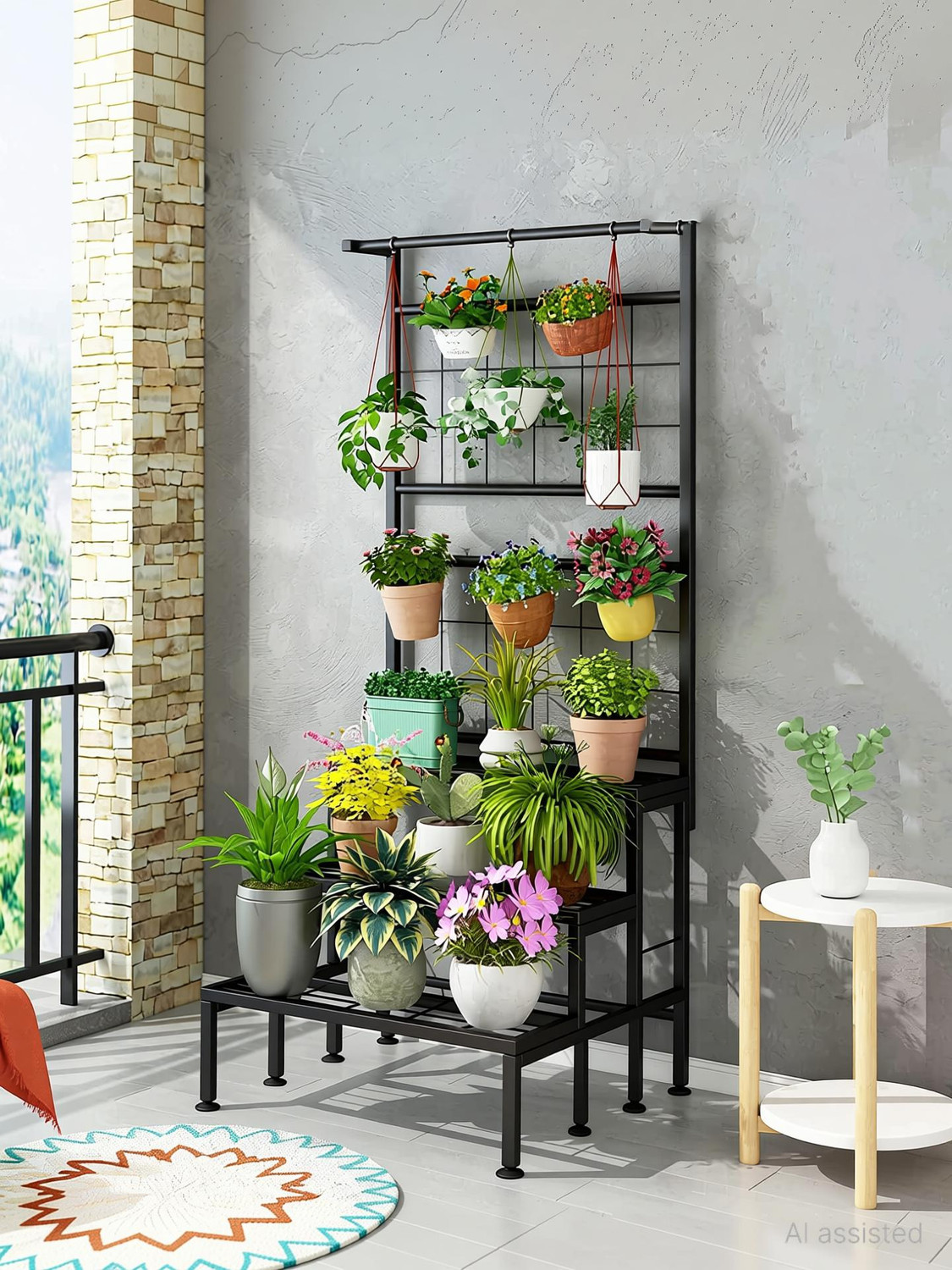 Image of Decor Kings Metal Plant Stand for Outdoor Balcony Plant Stand Grid Panel,3-Tier Vertical Plant Container Set