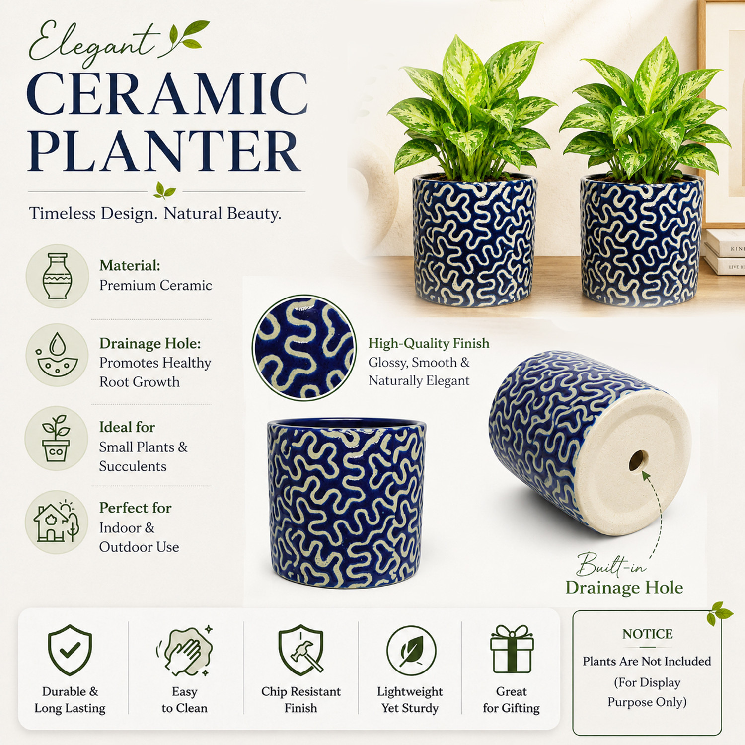 Image of Gupta Homes Blue RD 1 Pipe Ceramic Pot GH0022-01 Packof2 Plant Container Set
