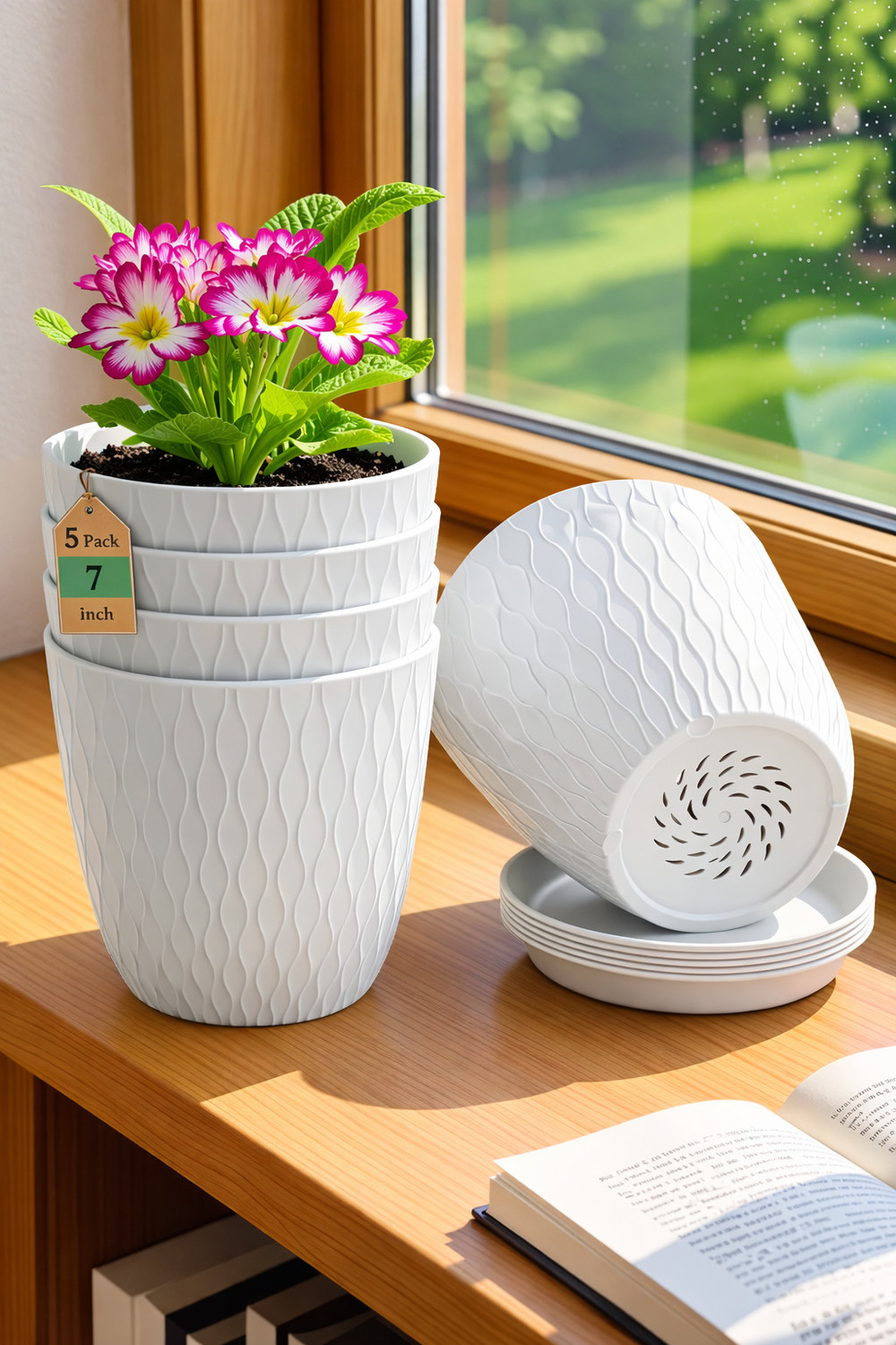 Image of NIVZO Unique Wave Design White 7 Inch Plastic Flower Pot with Tray & Drainage (White) Plant Container Set