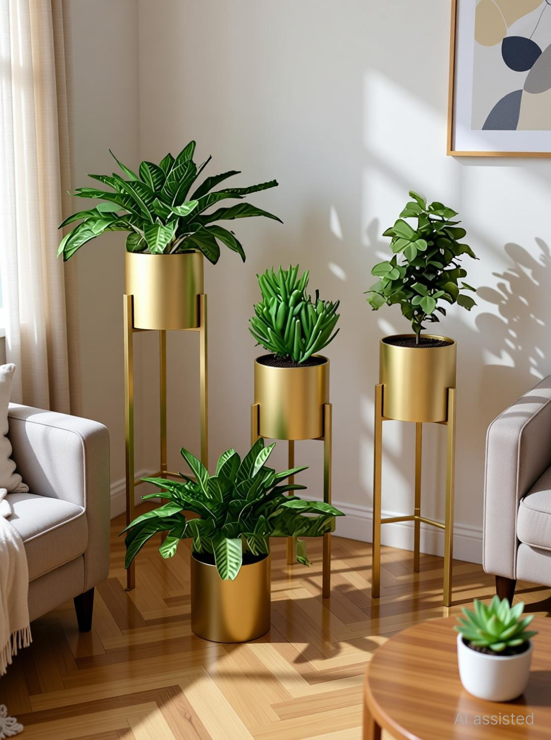 Image of GIFTGLOBAL Modern Metal Floor Flower Stands Planter for Living with Plant Set of-3 (Golden) Plant Container Set