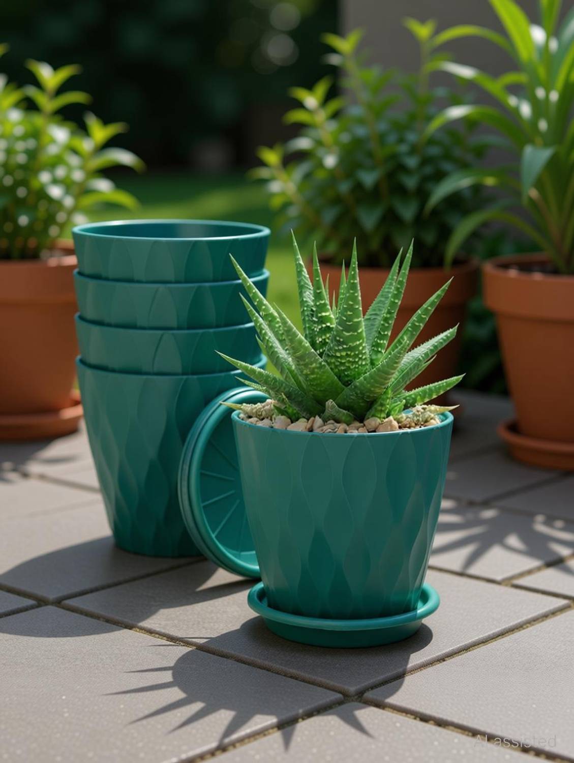 Athrvaplants Minimal Curved Pattern Planters with Base | Pack of 5 | 6.5 Inch | Teal Green Plant Container Set