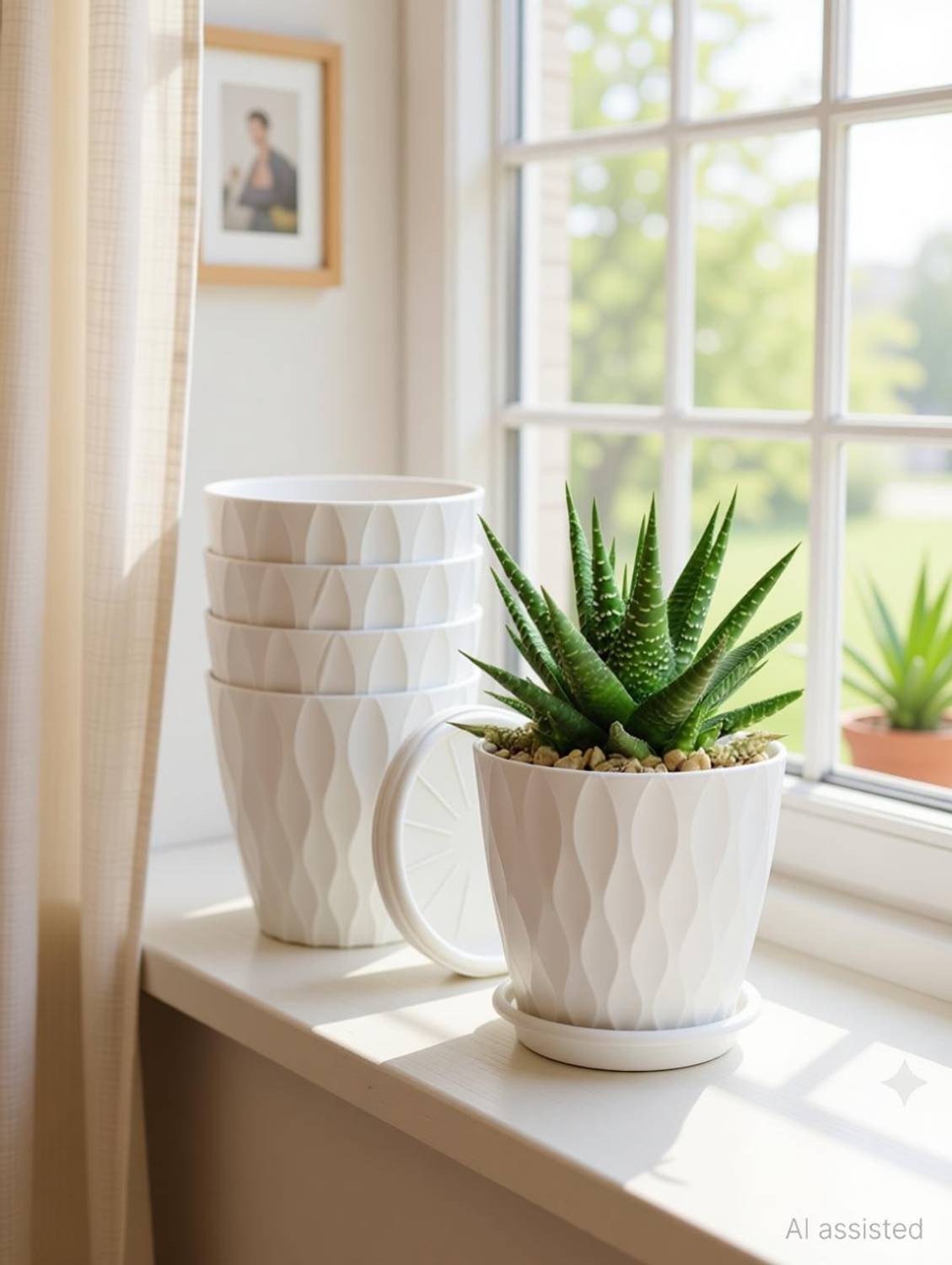 Athrvaplants Premium Decorative Wave Pots with Tray | 6.5 Inch | White Colour Plant Container Set