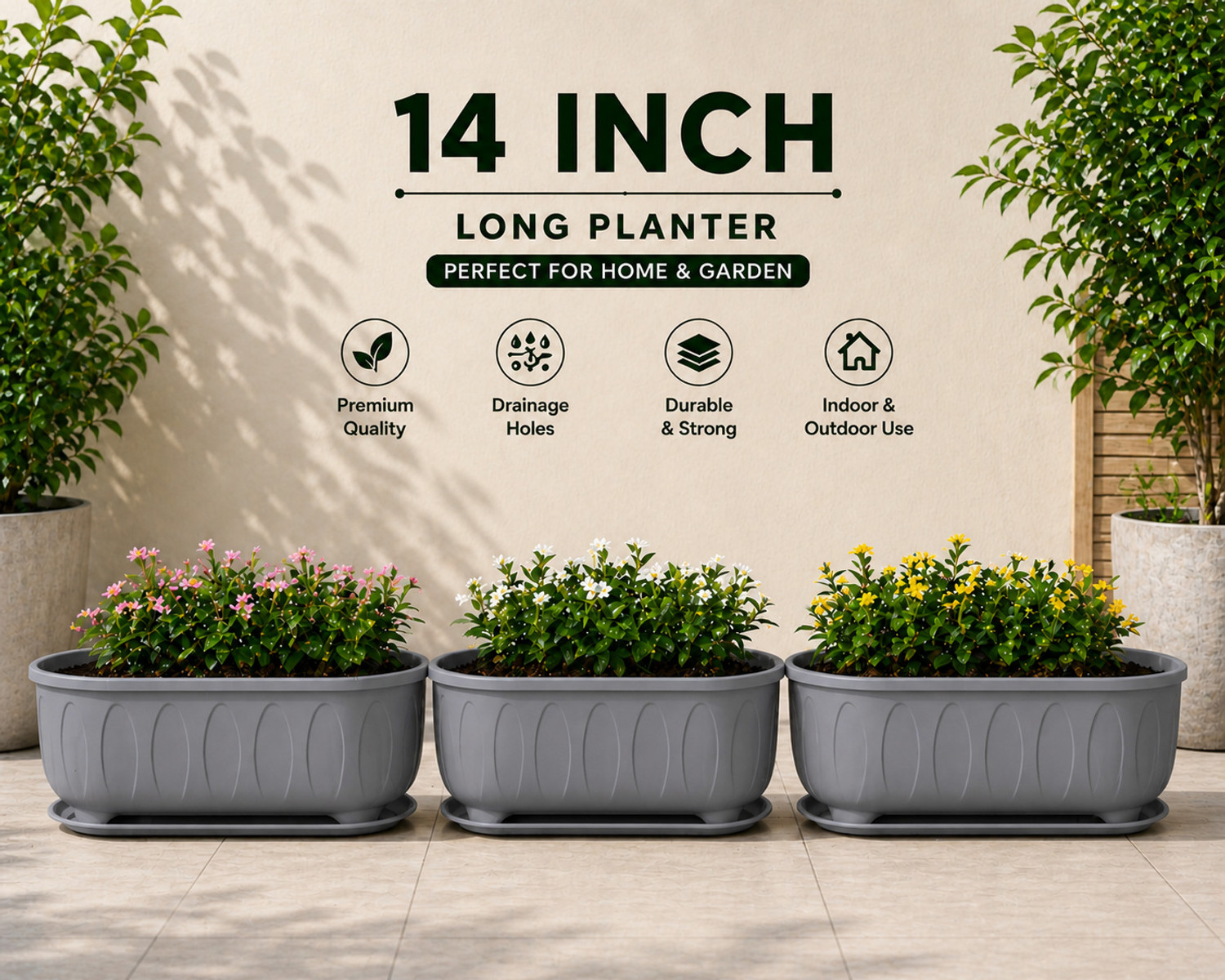 Image of NIVZO 14 Inch GREY Plastic Long Planter Pots with Tray Pack of 3 for Indoor Outdoor Plant Container Set