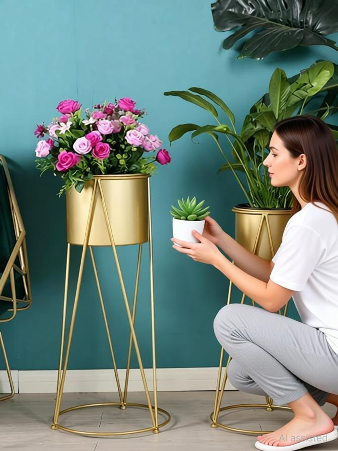 Image of Crafty Creation Metal Floor Flower Planter for Indoor, Living Room Plant Container Set