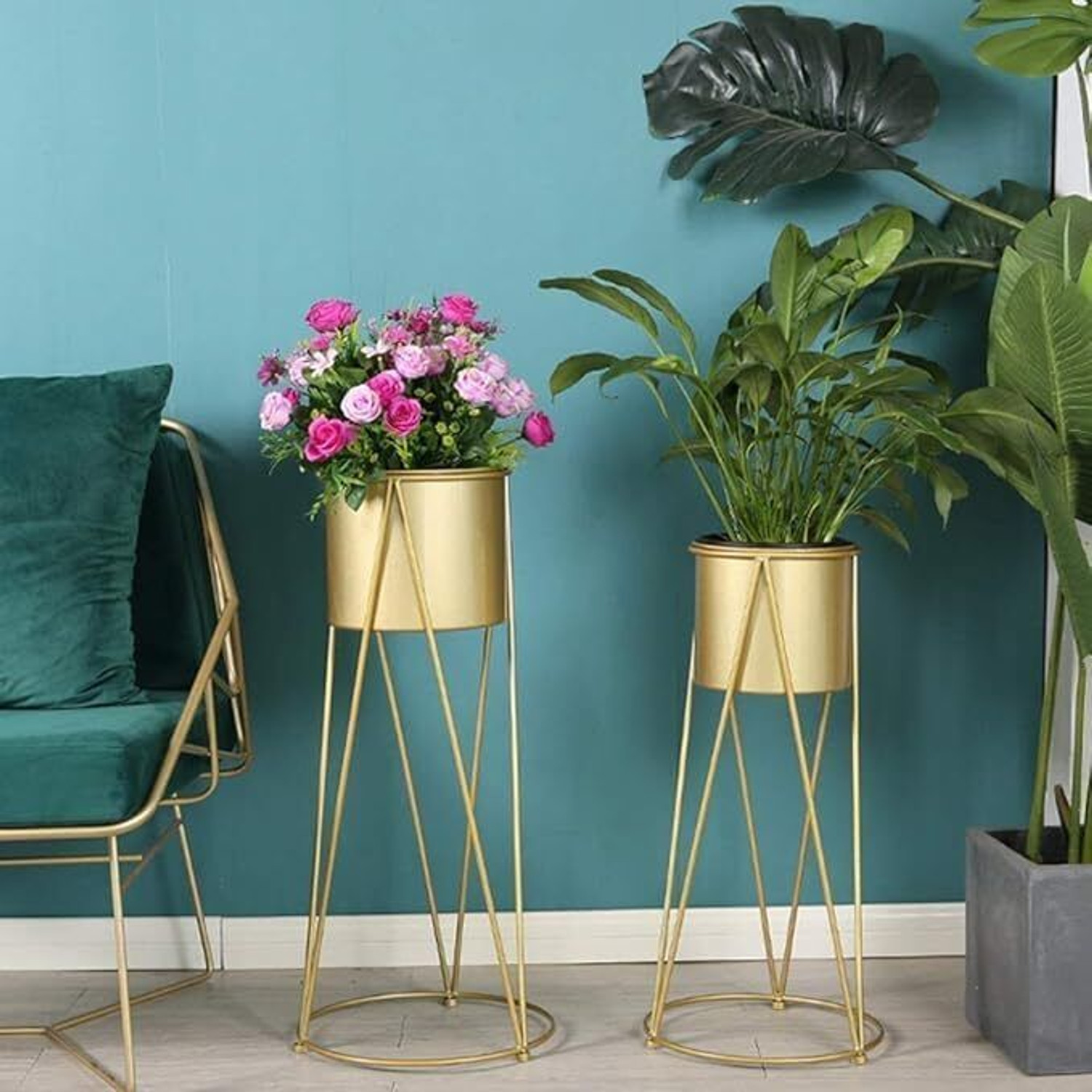 Image of Crafty Creation Metal Floor Flower Planter for Indoor, Living Room Plant Container Set