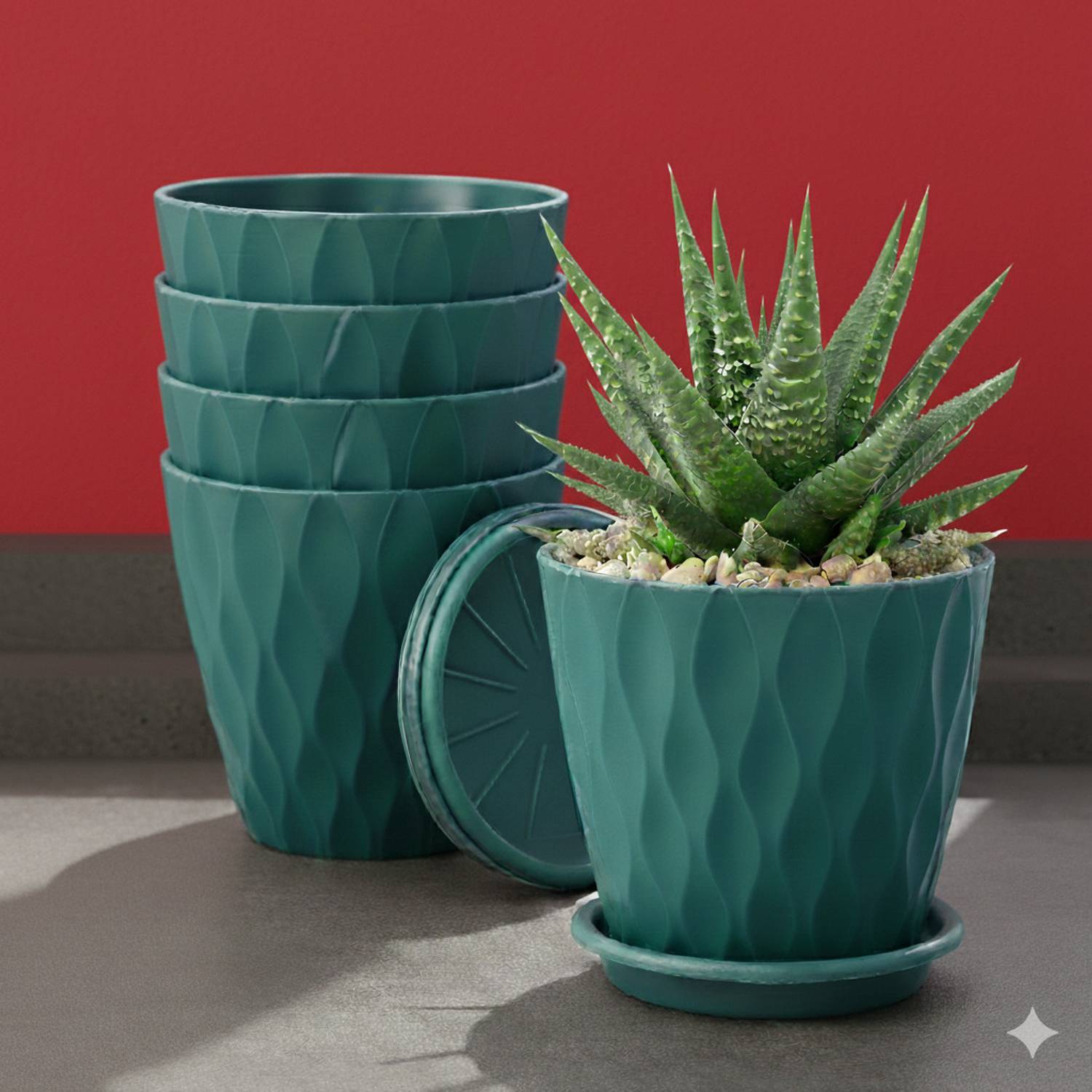 Athrvaplants Premium Wave Finish Planters with Tray | Pack of 5 | 6.5 Inch | Teal Green Plant Container Set
