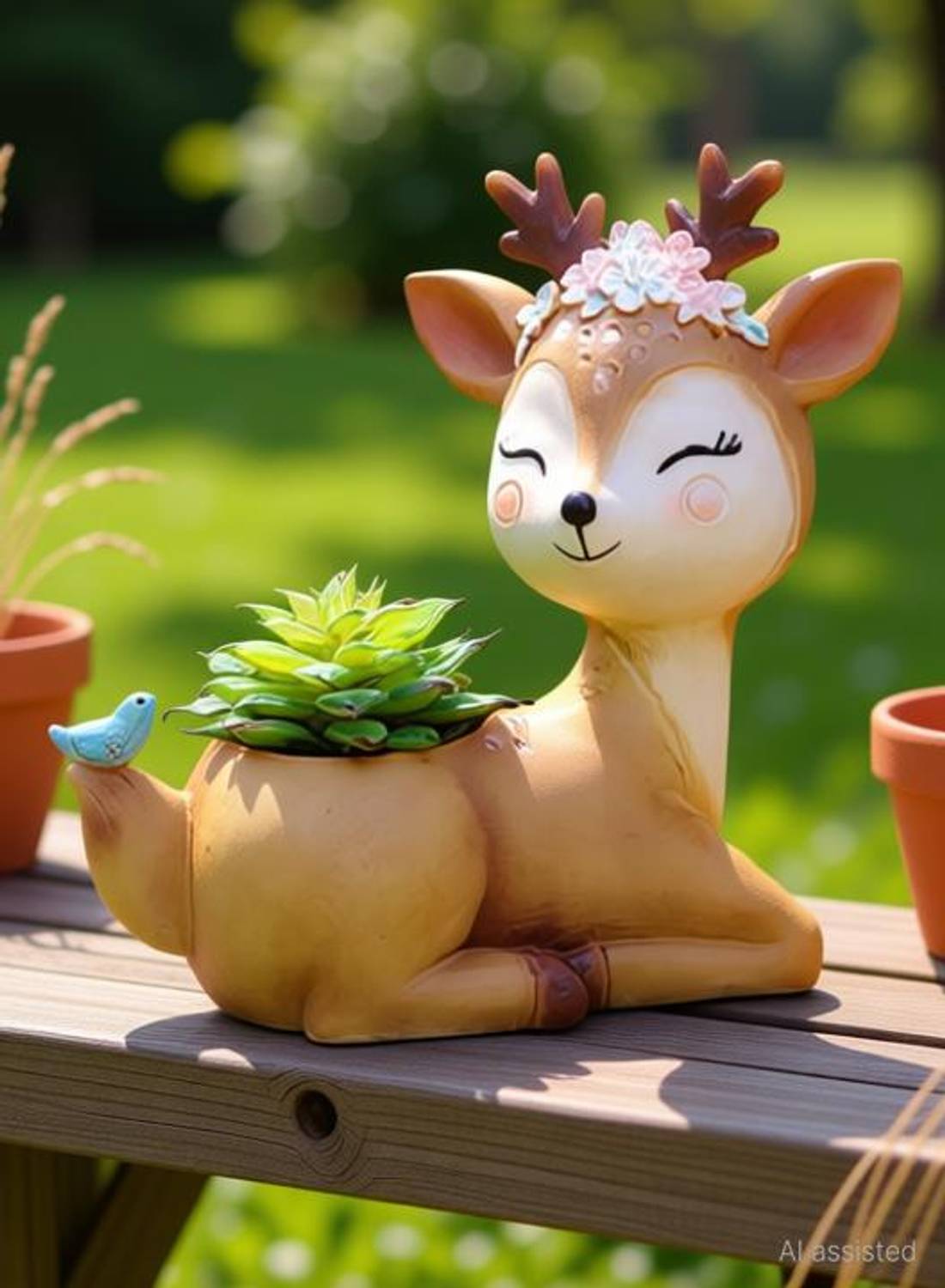 ARTSENSE Artsense Handcrafted Resin Deer Bird Creative Succulent Flower Pots || Balcony Pot Fairy Garden ||Flower Pot Creative Animal|| Home and Garden Decor|| Hole at Bottom Can be used as Planter Terracotta, Ceramic, Polyresin Vase