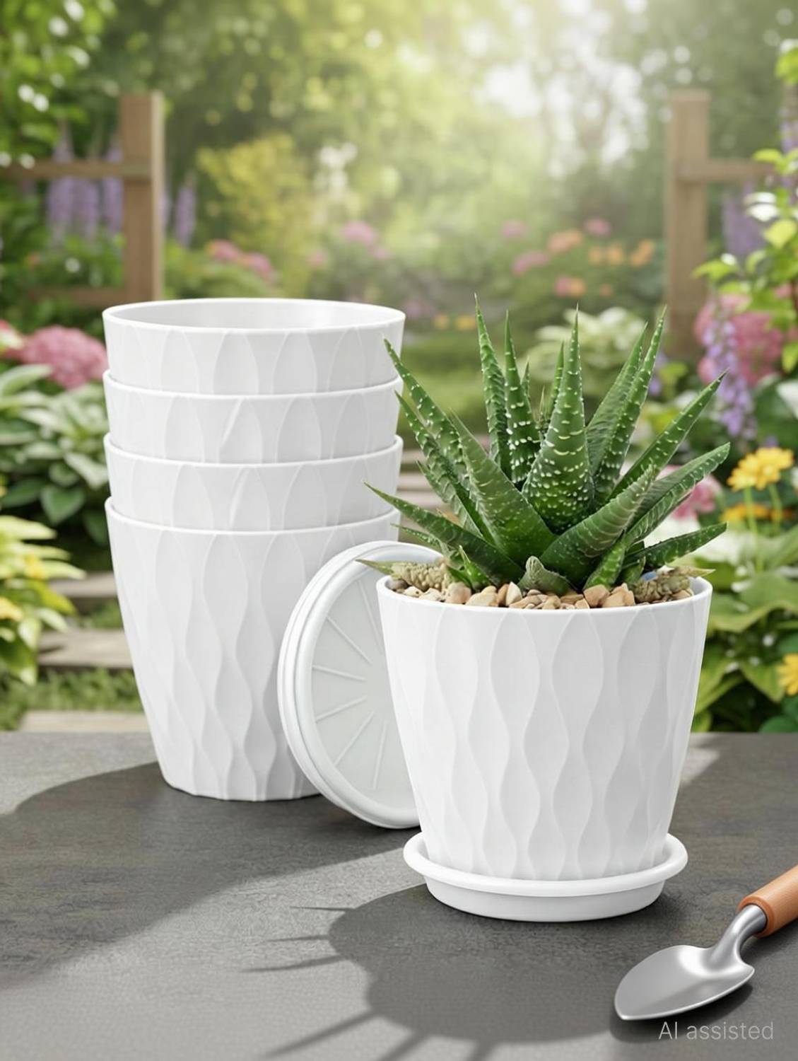 Athrvaplants Premium White Wave Texture Flower Pots | Pack of 5 | 6.5 Inch | White Plant Container Set