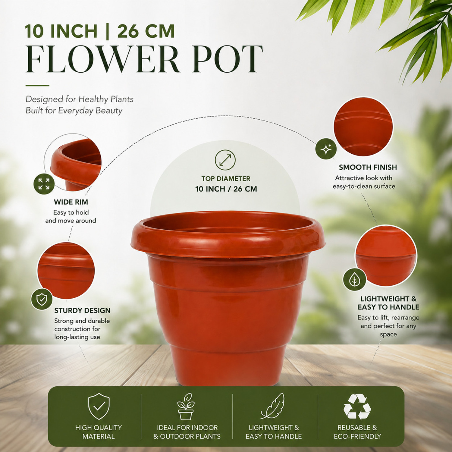Image of Polyvibe Premium 10 Inch Plastic Flower Pot Set of 6 for Home & Garden Plants Plant Container Set