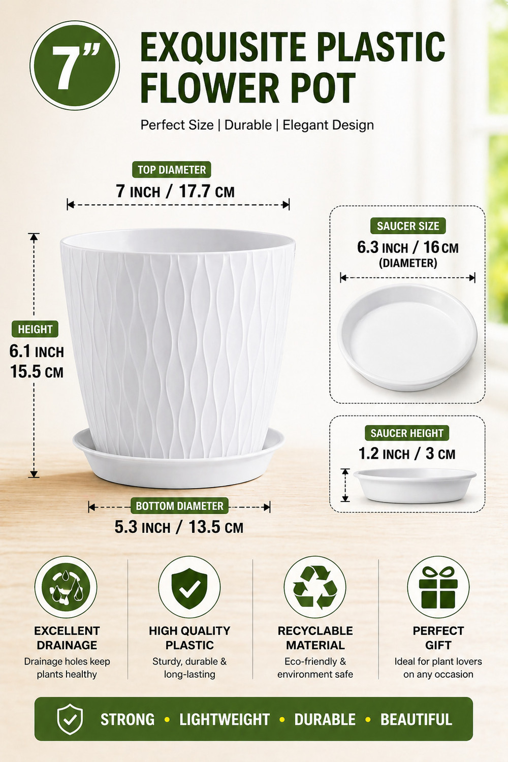 Image of NIVZO Unique Wave Design White 7 Inch Plastic Flower Pot with Tray & Drainage (White) Plant Container Set