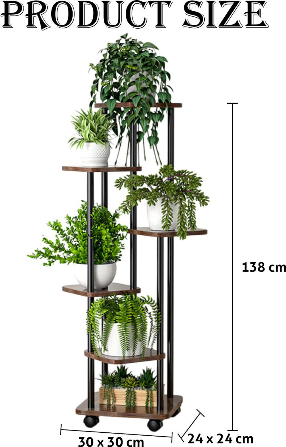 Image of STANSY 6 Tier Plant Stand with Wheels, Tall Mocha Brown Shelves with Black Metal Frame Plant Container Set (Wood, Metal)