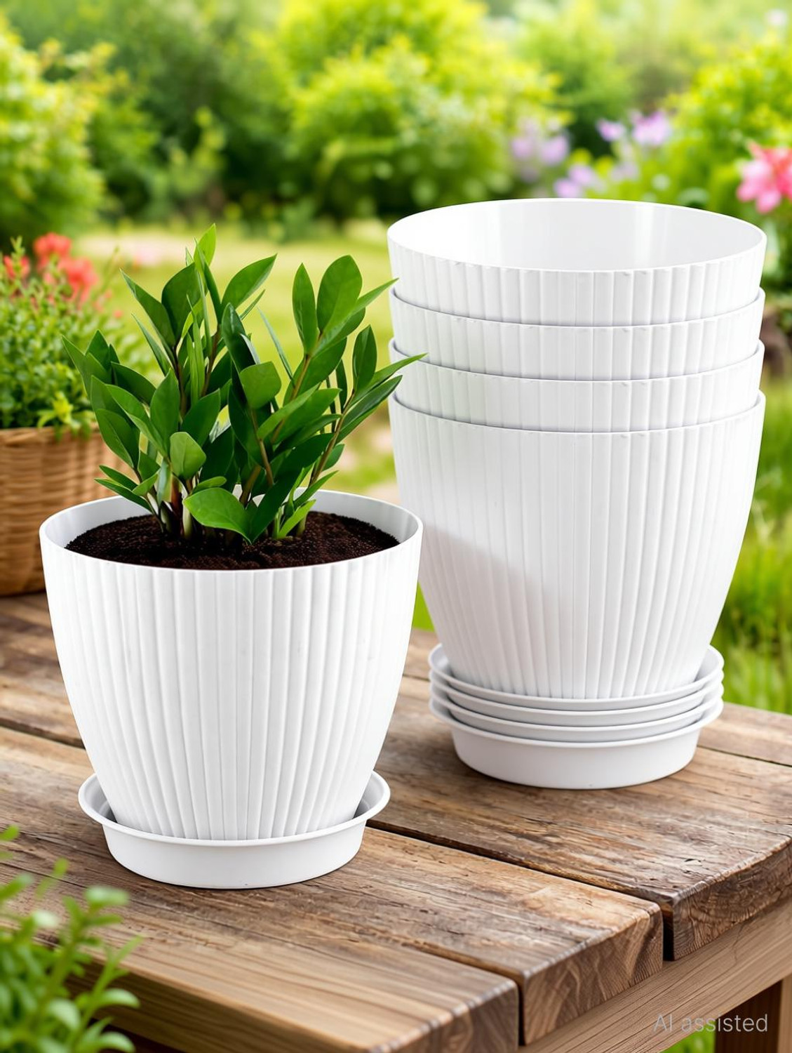 BELLERBIRD Premium Quality Ribbed Designe Flower Pot For Home Decoration With Draning Hall Plastic Vase