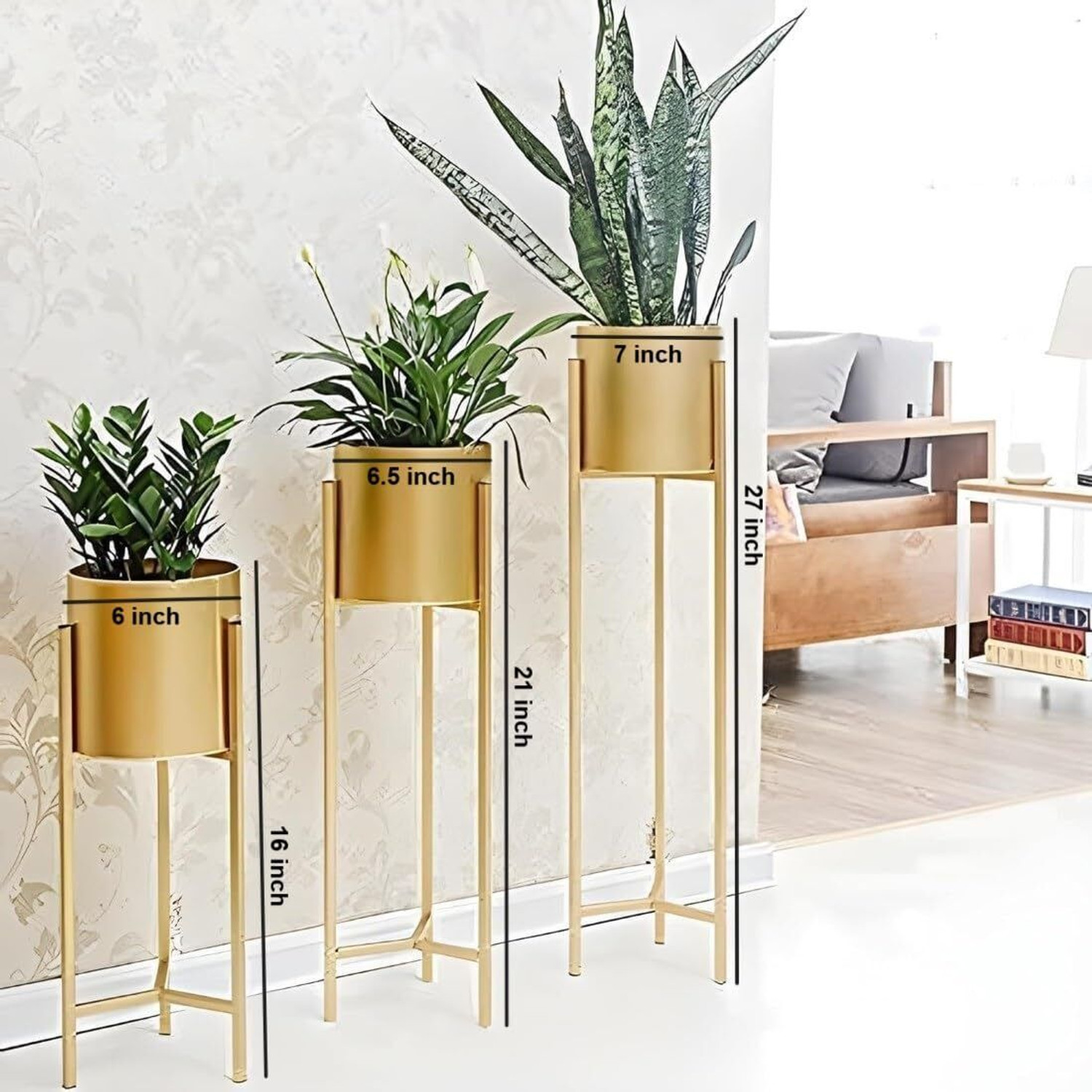 Image of GIFTGLOBAL Modern Metal Floor Flower Stands Planter for Living with Plant Set of-3 (Golden) Plant Container Set