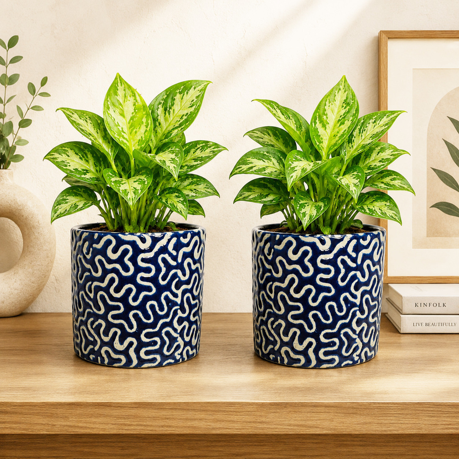 Image of Gupta Homes Blue RD 1 Pipe Ceramic Pot GH0022-01 Packof2 Plant Container Set