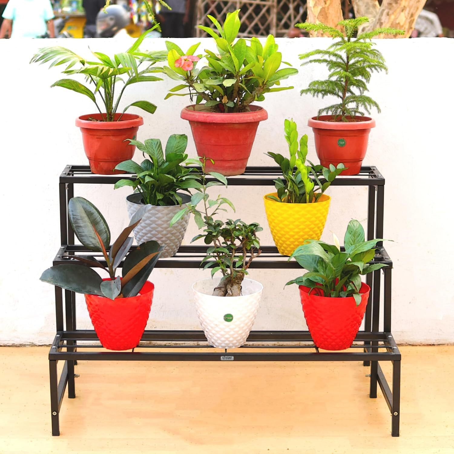 Image of Sam Stylish 3-Tier Metal Plant Stand (Black) | Heavy Duty Iron Plant Holder Plant Container Set