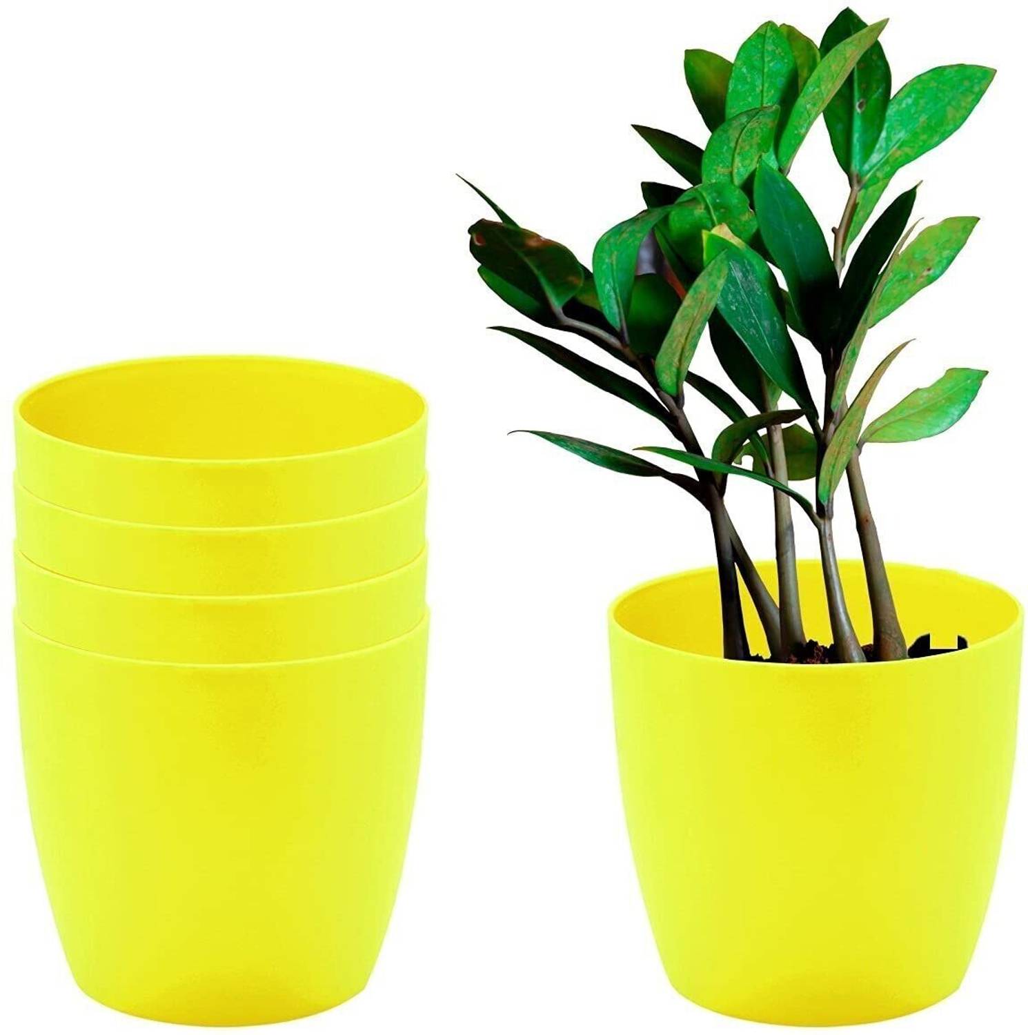 CACTUS VARIETIES Flower Pots - 4.4 Inch Plastic Flower Pots | Modern Decorative Indoor Outdoor Planters/Pots - Pack of (Yellow, 5) Plant Container Set