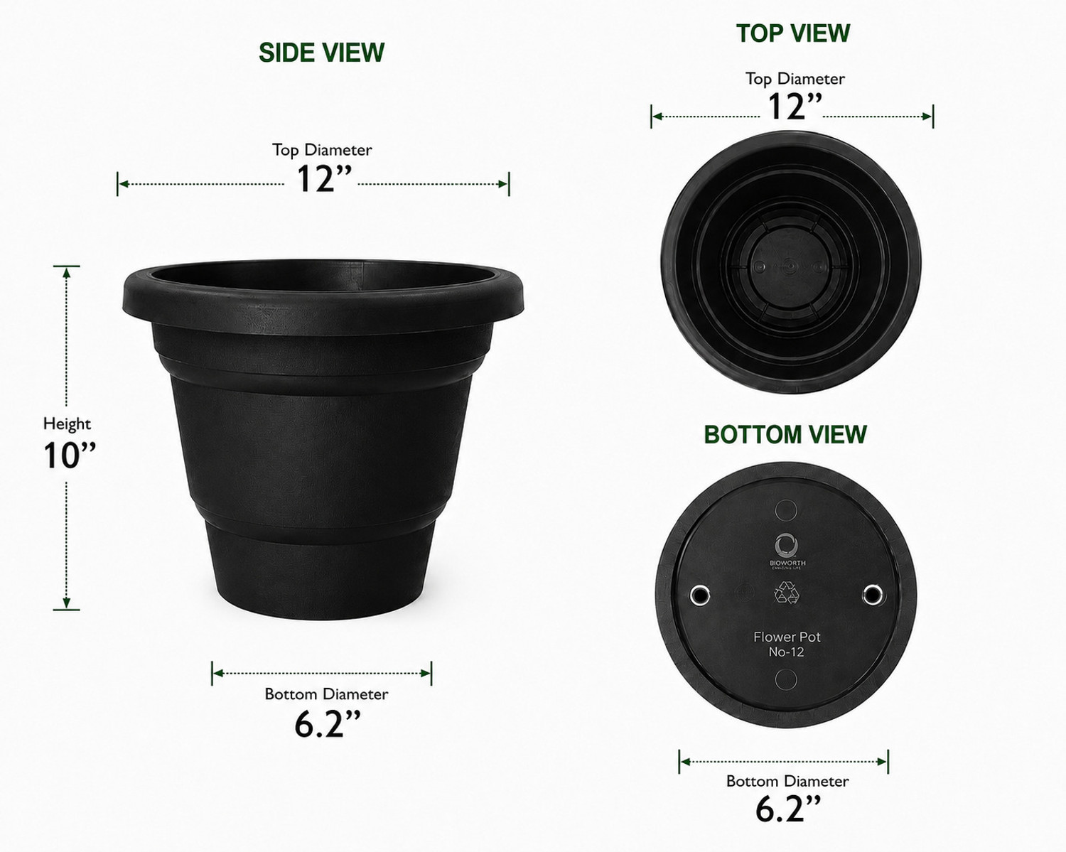 Image of Bioworth Garden pot | 12 inch | Black colour | Indoor and Outdoor use Plant Container Set