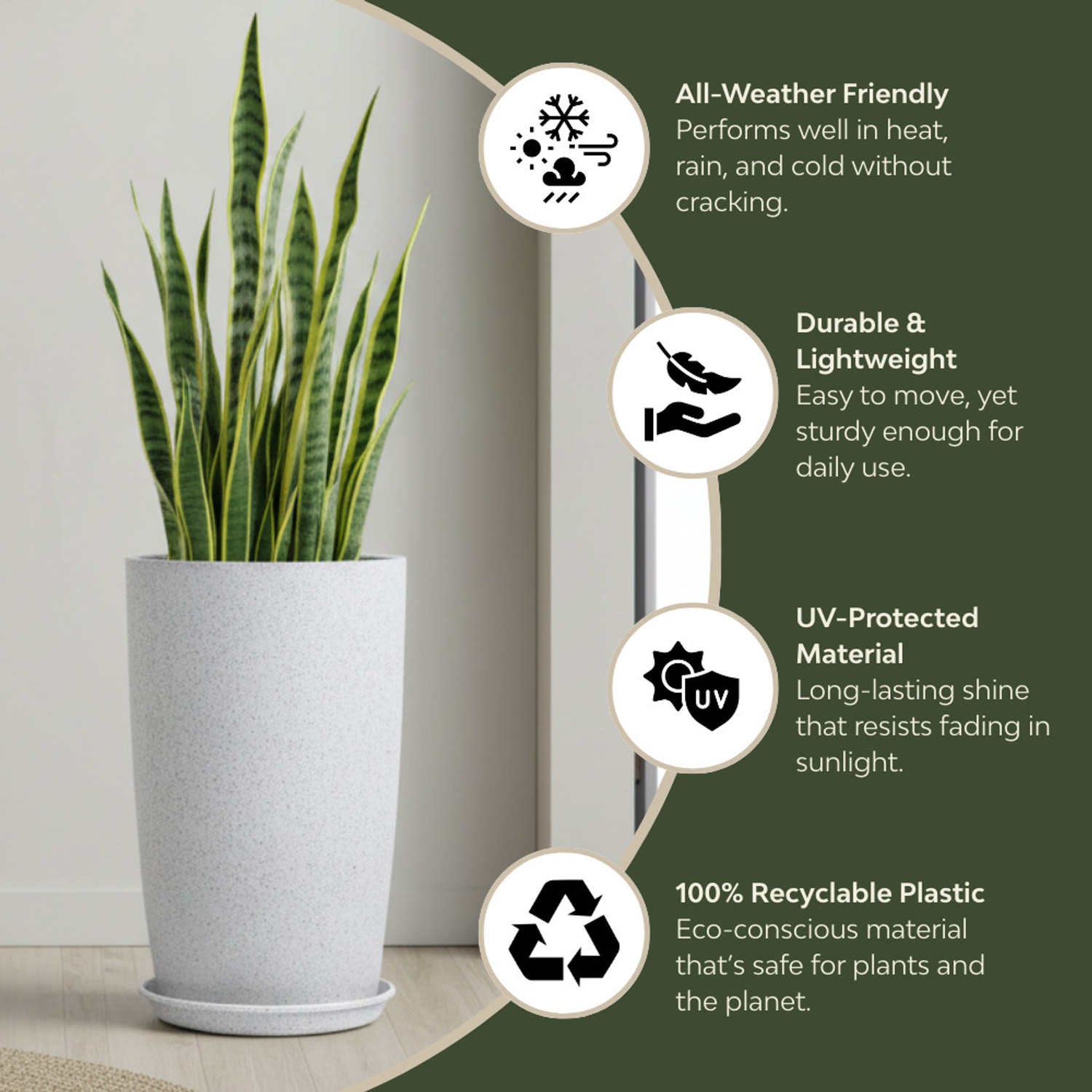 Image of Kraft Seeds 18 Inch White Qutub Planter for Living Room - 1 Pc with Bottom Plate Plant Container Set