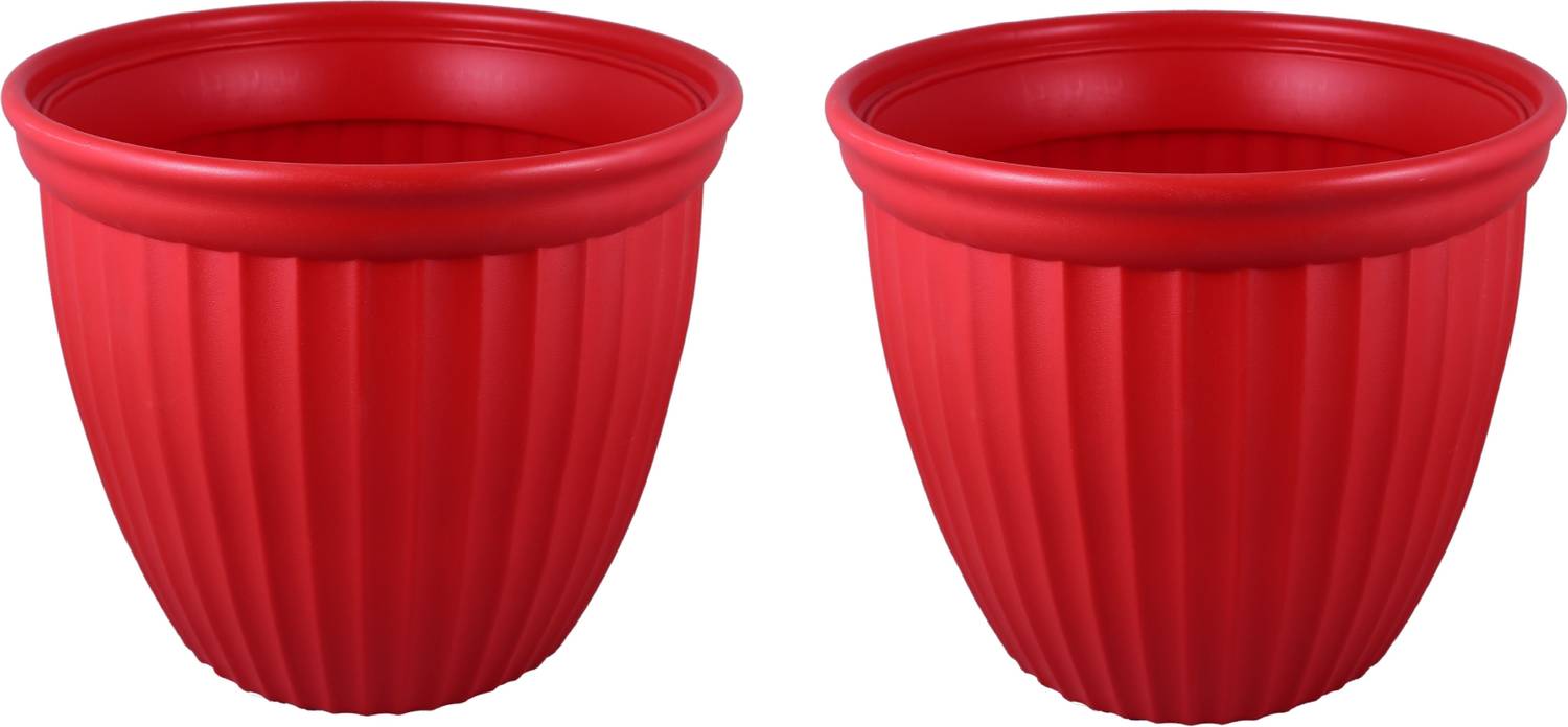 Blooming Enterprises 2 pc Lotus Plastic Flower Pot 10inch Diameter Red Plant Container Set