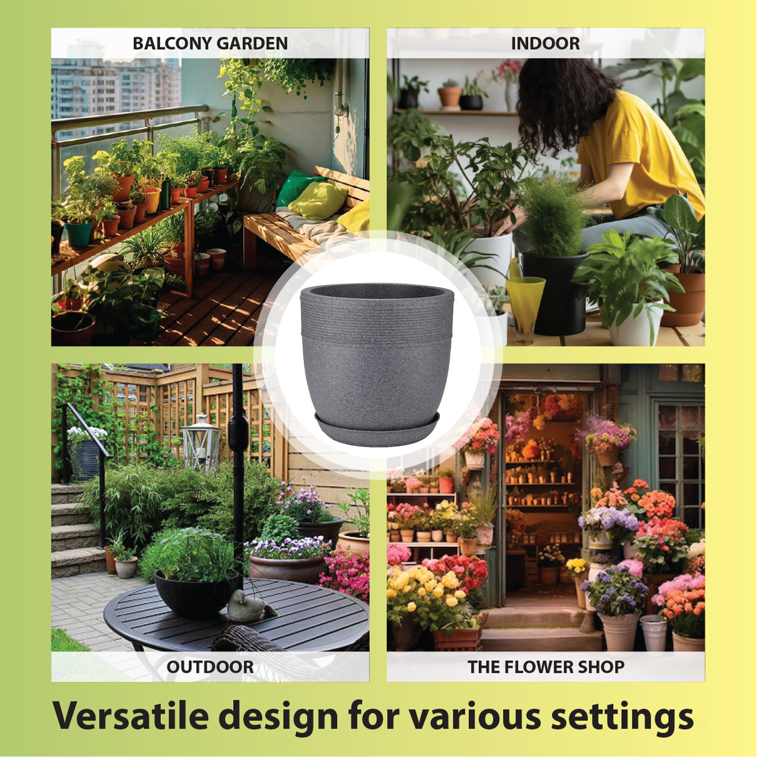 Image of Garden's Need Set of 4 Grey Granite Flower Pots with Drainage Hole, Tray, 10 inch, 12 inch, 15 inch, 17 inch Plant Container Set