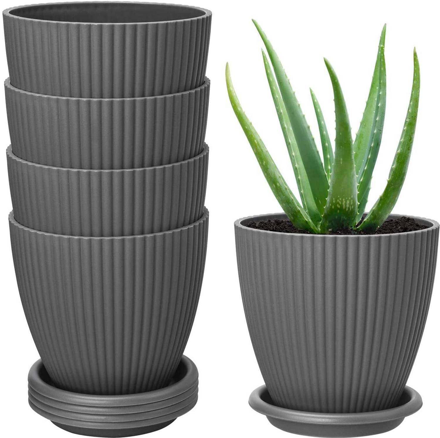 COZYBUYER Plastic Round Flower Pots for Home Planters, Terrace, Garden Etc Dark Grey Plant Container Set