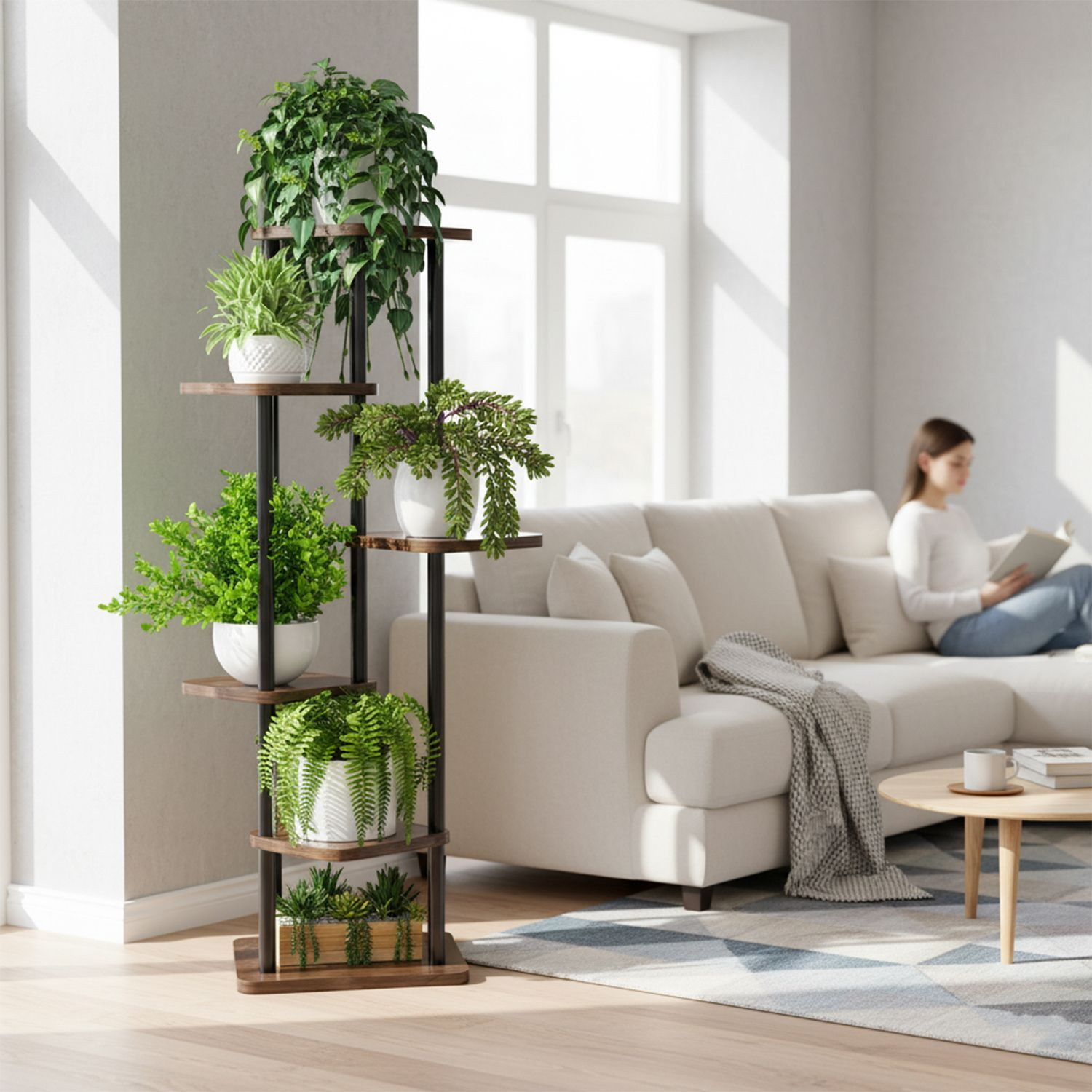 Image of STANSY 6 Tier Plant Stand with Wheels, Tall Mocha Brown Shelves with Black Metal Frame Plant Container Set (Wood, Metal)