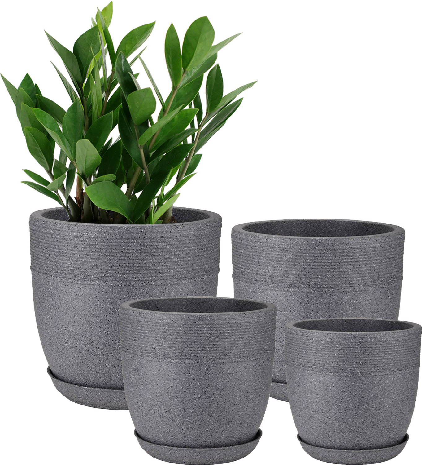Image of Garden's Need Set of 4 Grey Granite Flower Pots with Drainage Hole, Tray, 10 inch, 12 inch, 15 inch, 17 inch Plant Container Set