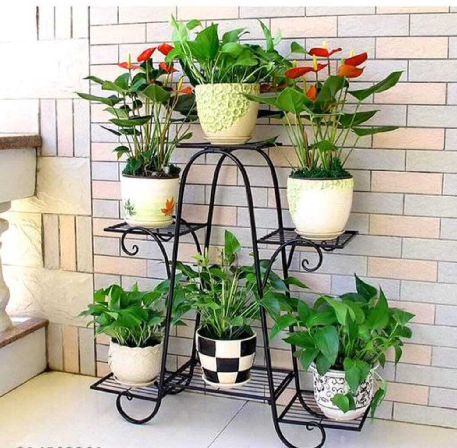 Image of Aliferous Plant Pot Stands for Indoors and Outdoors, 6 Tier A Shape Black Plant Container Set