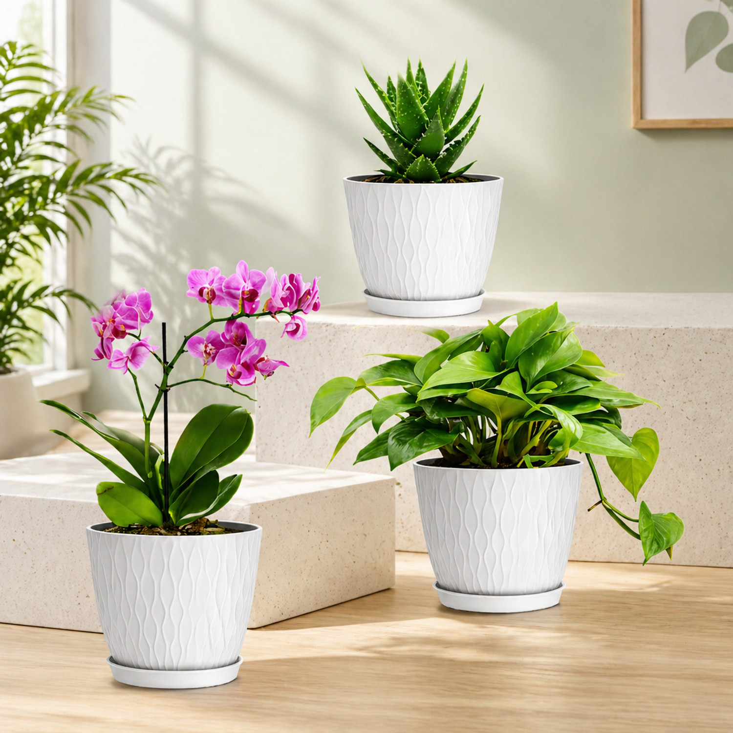Image of NIVZO Unique Wave Design White 7 Inch Plastic Flower Pot with Tray & Drainage (White) Plant Container Set