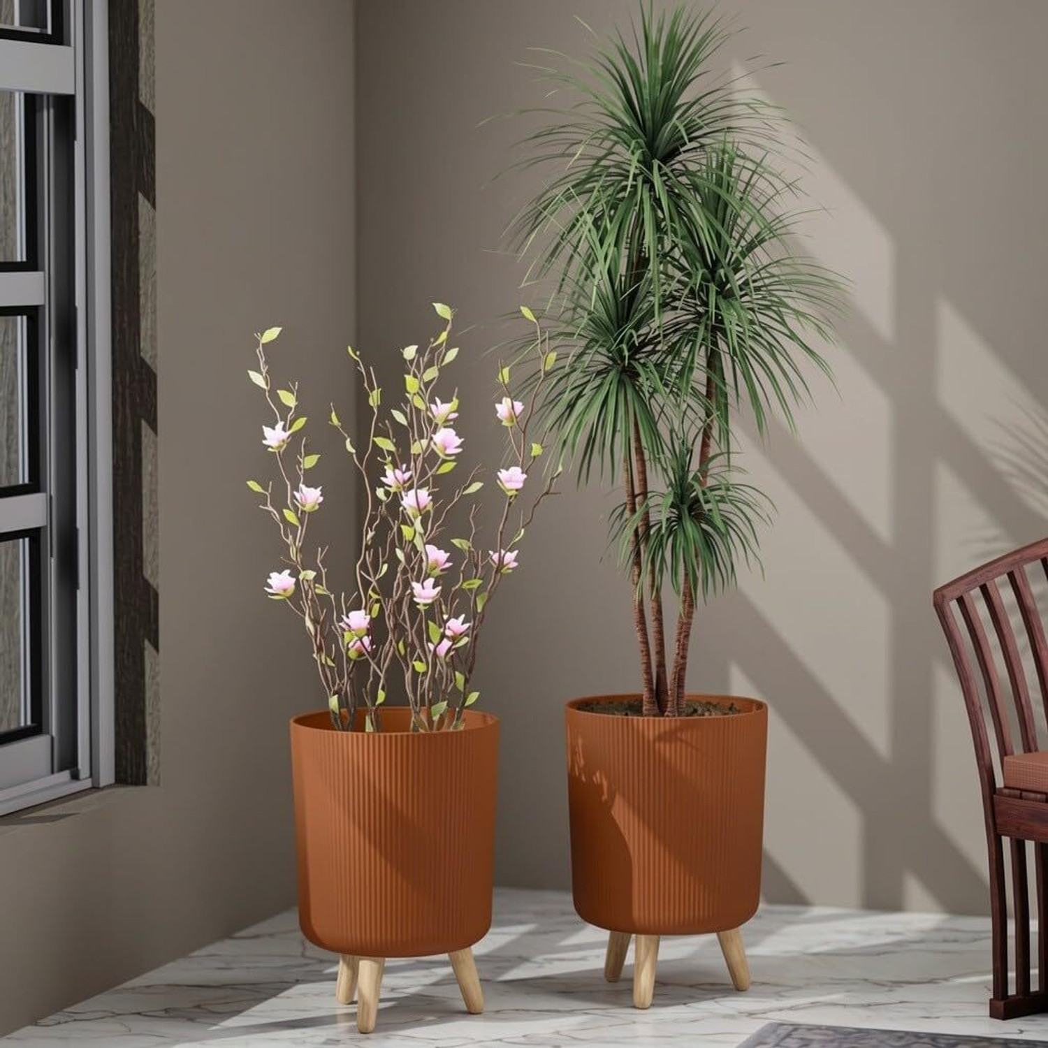 Image of FORWAY Flower Pot Indoor Outdoor Planter for Home Garden Balcony | Wood Plant Container Set (Pack of 2, Plastic)