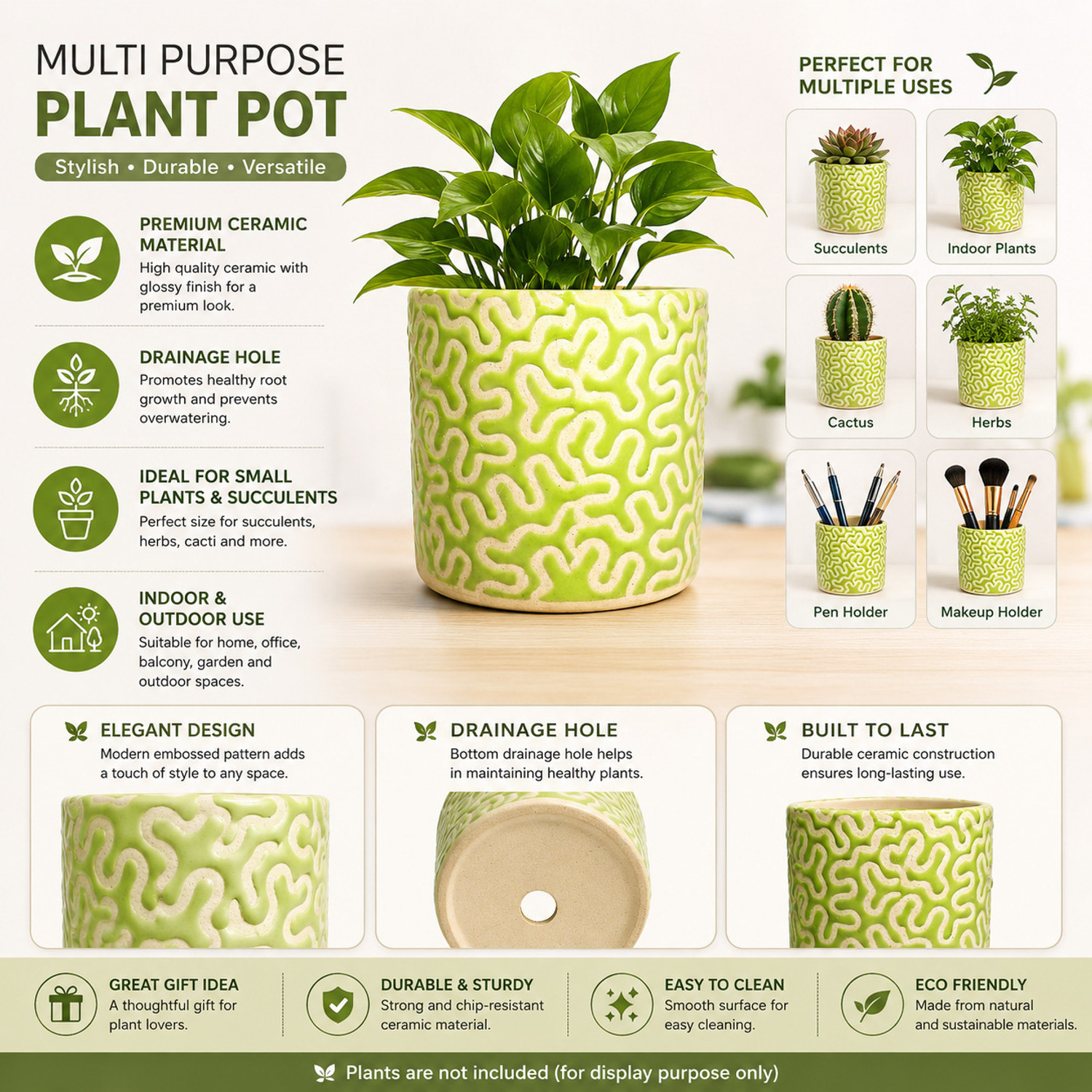 Image of Gupta Homes Green RD-1 Pipe Ceramic Pot Size 4x4inch GH0022-08 Plant Container Set