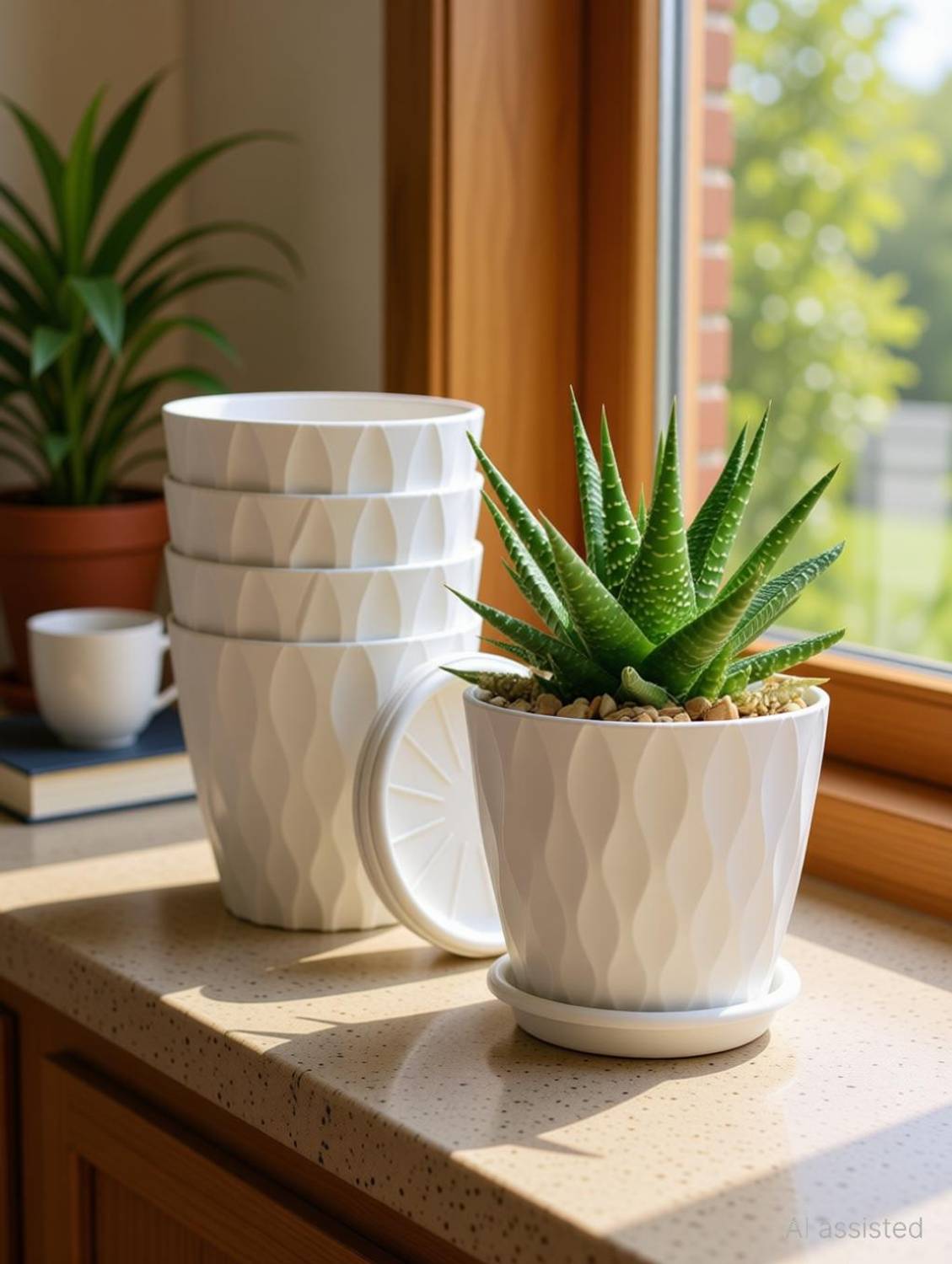 Athrvaplants Smooth Wave Finish Flower Pots with Bottom Tray | 6.5 Inch | White Plant Container Set