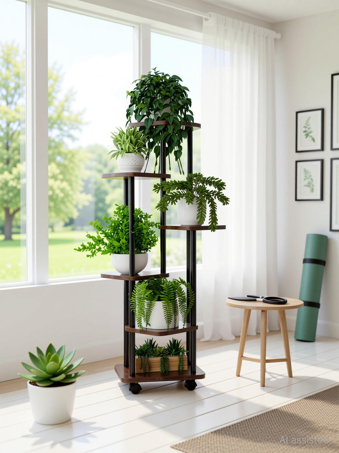 Image of STANSY 6 Tier Plant Stand with Wheels, Tall Mocha Brown Shelves with Black Metal Frame Plant Container Set (Wood, Metal)