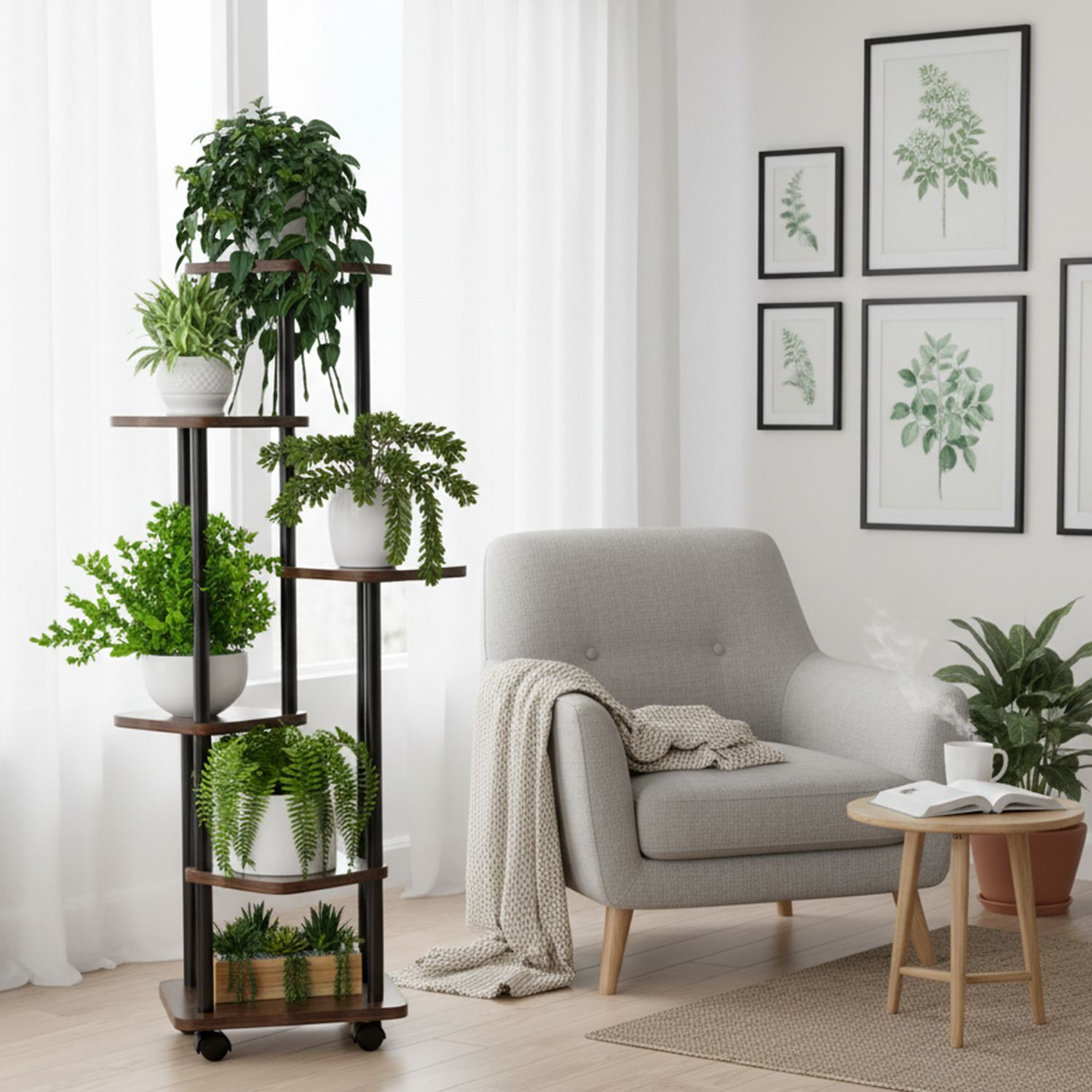 Image of STANSY 6 Tier Plant Stand with Wheels, Tall Mocha Brown Shelves with Black Metal Frame Plant Container Set (Wood, Metal)