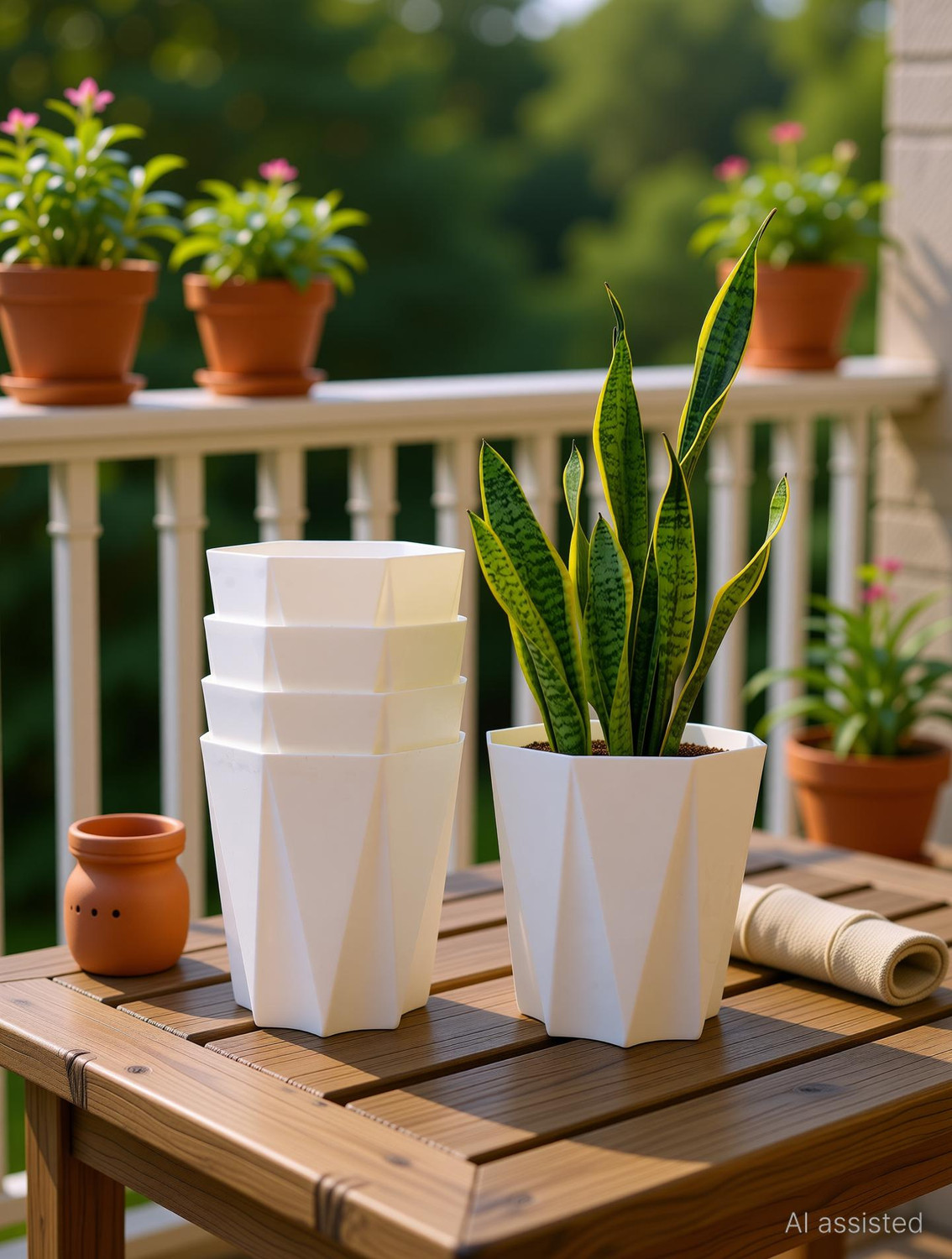Image of Mrida and Maati 10 Inch pot (WHITE,5 Pcs) Flower Pot for Home, Indoor & Outdoor Gamla, Gardening Plant Container Set